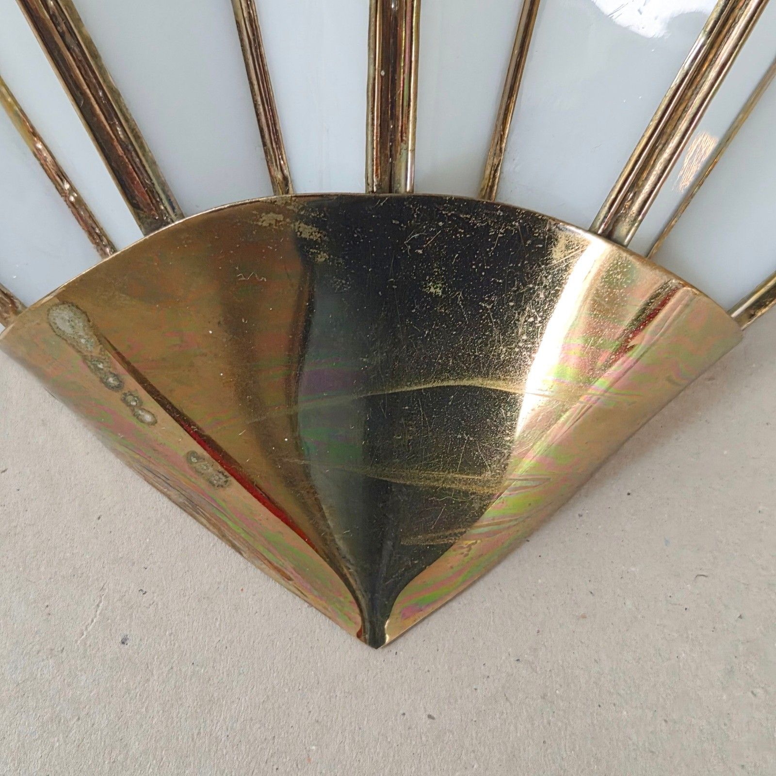 Vintage 1970s Brass & Mother Of Pearl Glass Paste Fan Sconce Art Deco photo vinterior