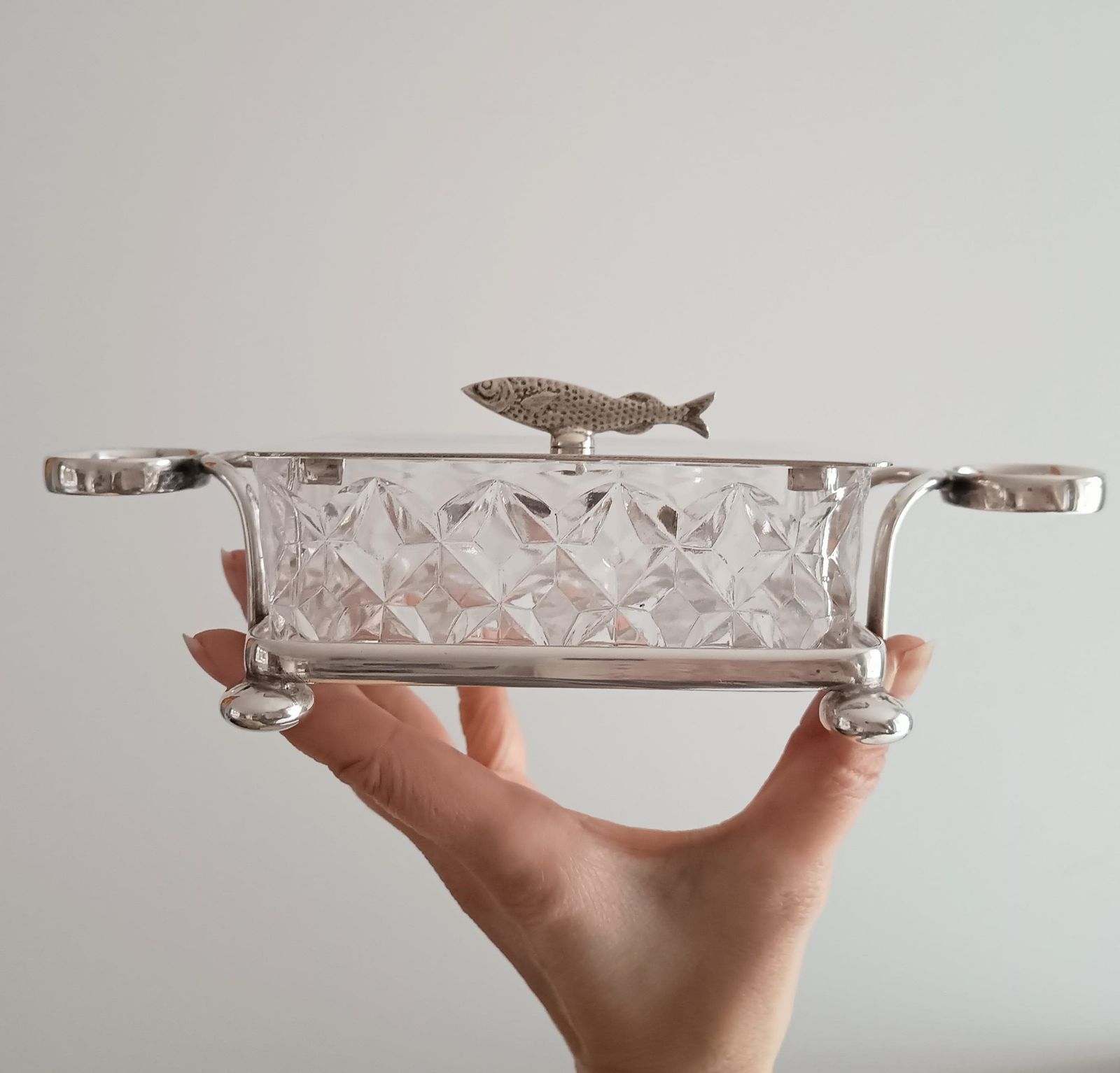 Antique English Novelty Silver Plated Cut Glass Sardine Serving Dish: Zoomorphic Finial, 1890 photo furniture