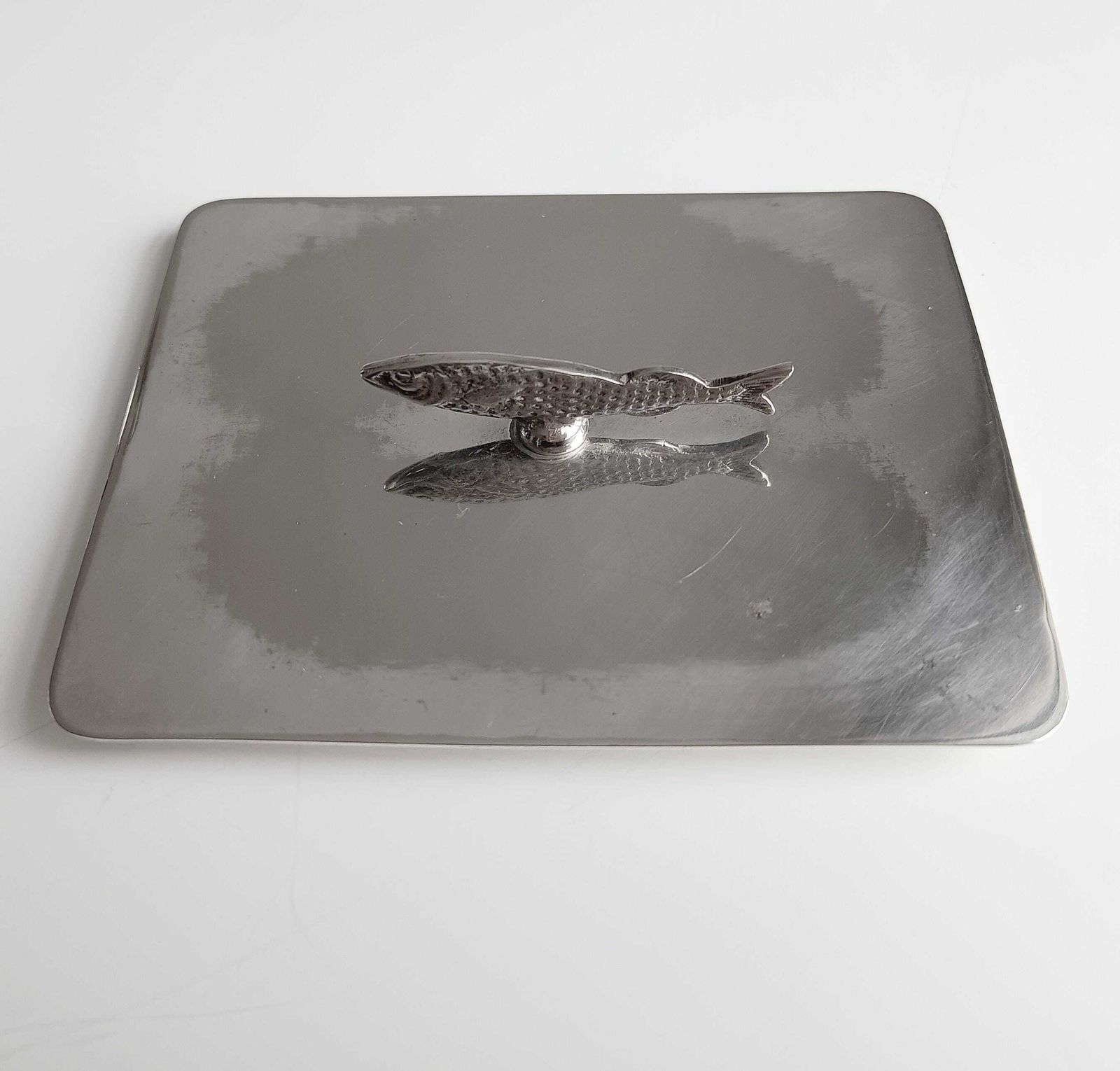 Antique English Novelty Silver Plated Cut Glass Sardine Serving Dish: Zoomorphic Finial, 1890 photo vintage