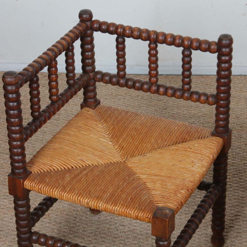 Pair Of Small Straw Seated Corner Chairs In Turned Wood, 1940 photo for sale