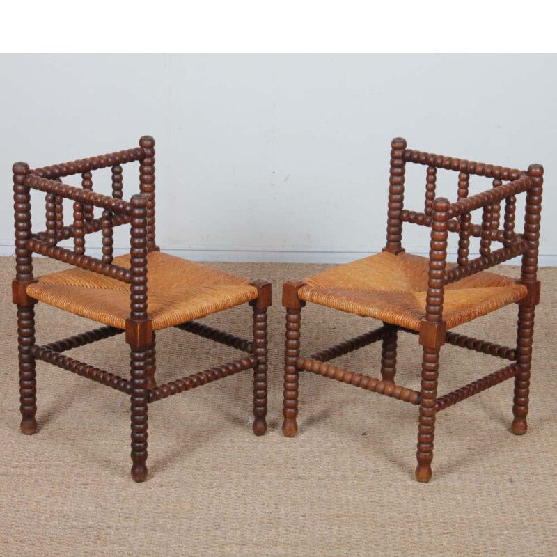 Pair Of Small Straw Seated Corner Chairs In Turned Wood, 1940 photo 640.0