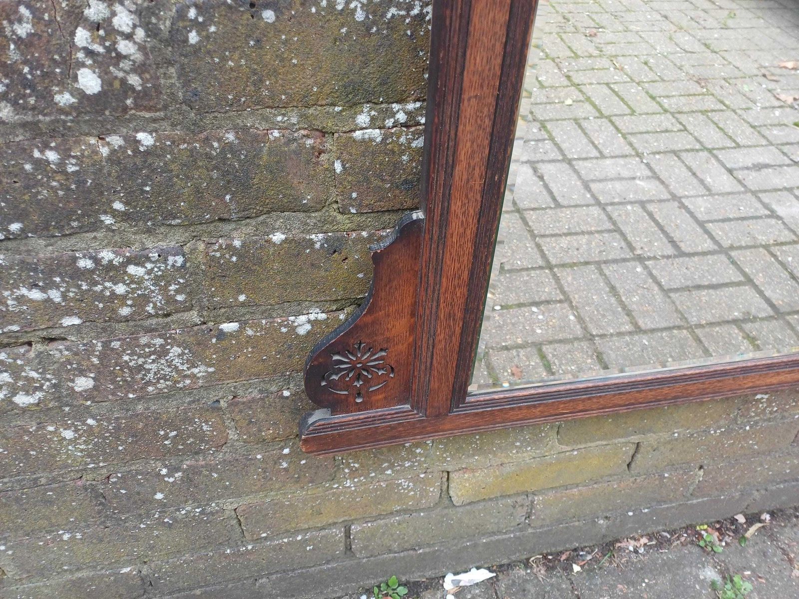 photo for sale Large Victorian Solid Oak Over Mantel Or Wall Mirror Bevelled Glass Antique Wall Mirror With Fretwork Pediment & Finials