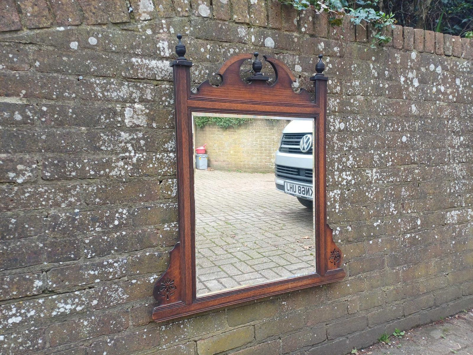 photo buy Large Victorian Solid Oak Over Mantel Or Wall Mirror Bevelled Glass Antique Wall Mirror With Fretwork Pediment & Finials