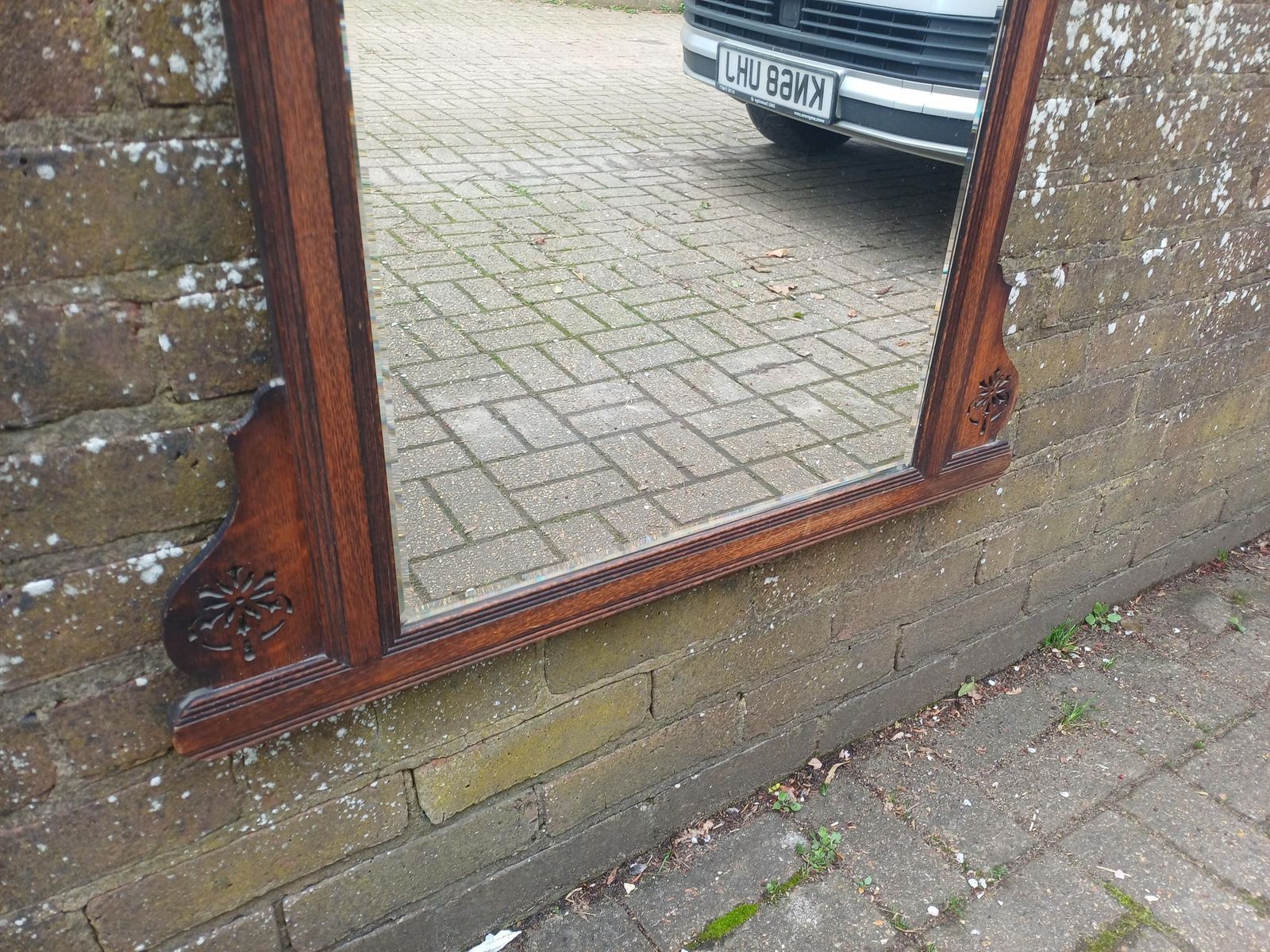 photo vintage Large Victorian Solid Oak Over Mantel Or Wall Mirror Bevelled Glass Antique Wall Mirror With Fretwork Pediment & Finials