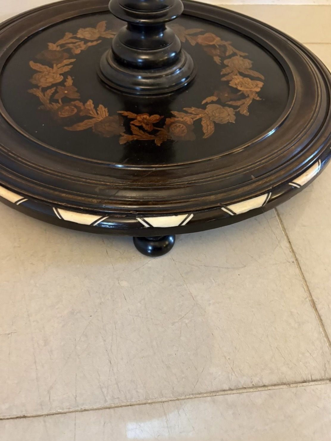 photo for sale Quality Antique Italian Ebonised And Marquetry Inlaid Pedestal Occasional Centre Table