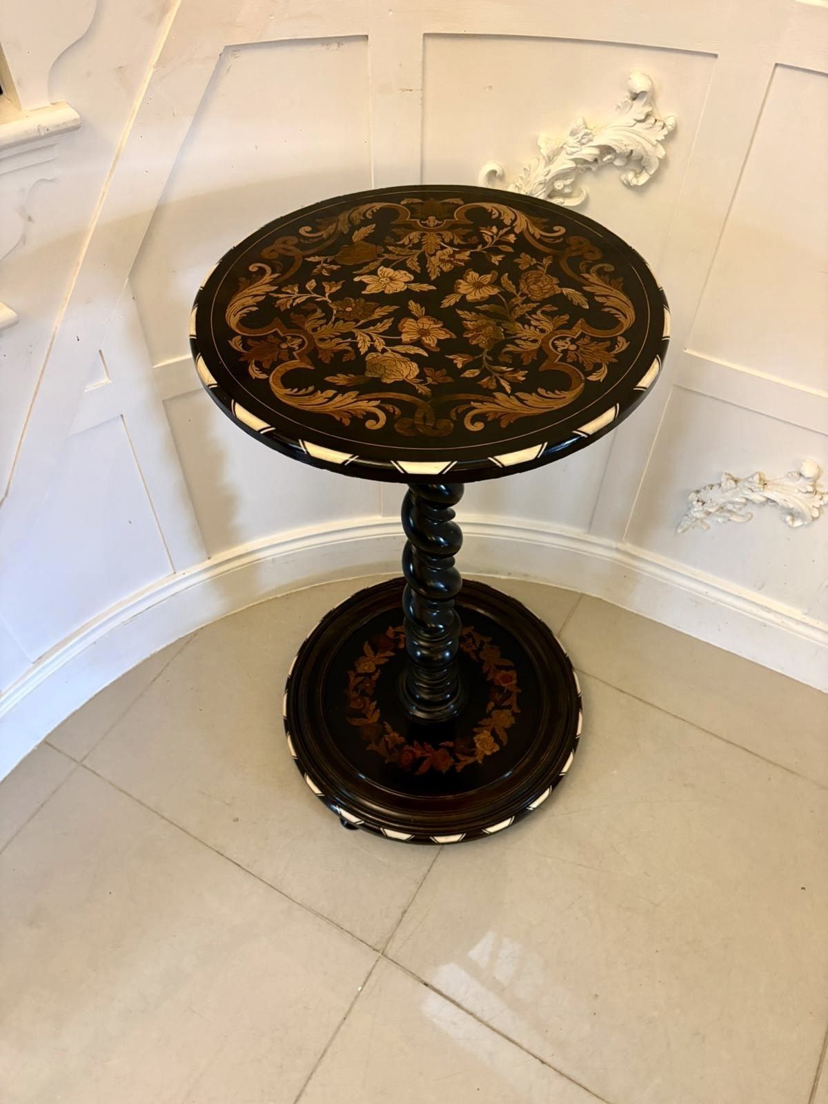 Quality Antique Italian Ebonised And Marquetry Inlaid Pedestal Occasional Centre Table