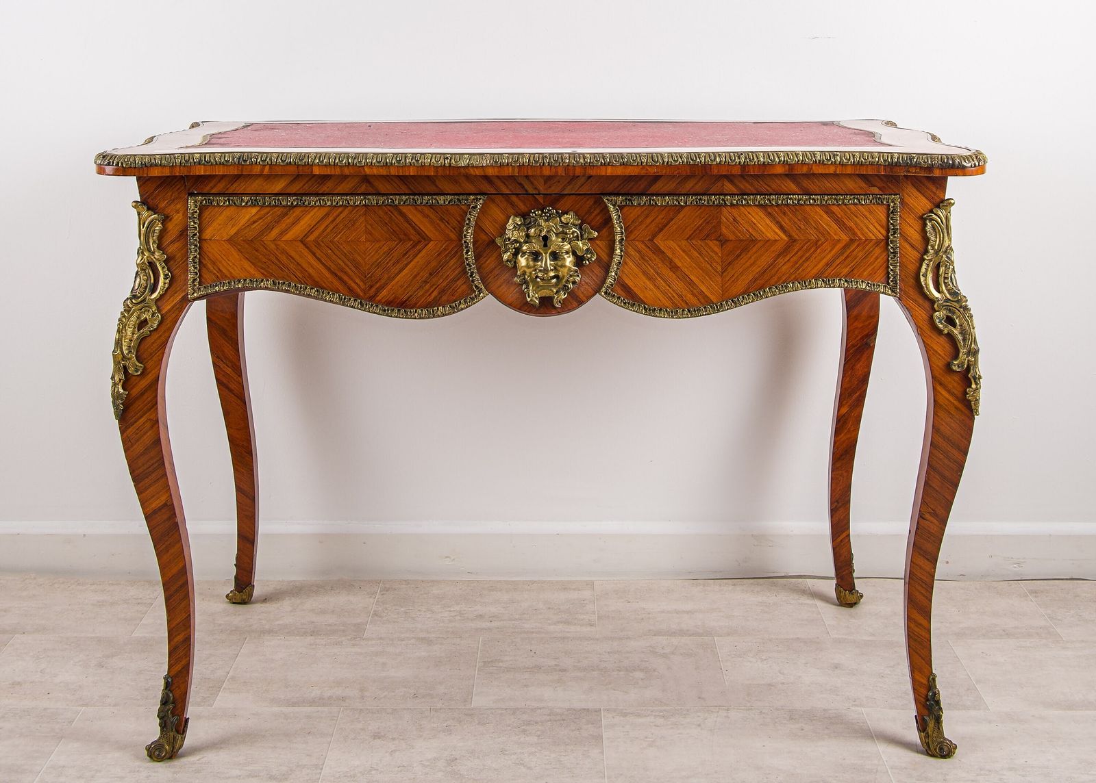 Antique French Kingwood Writing Table Ormolu Mounts Bacchus Mask Louis XV Style C1880