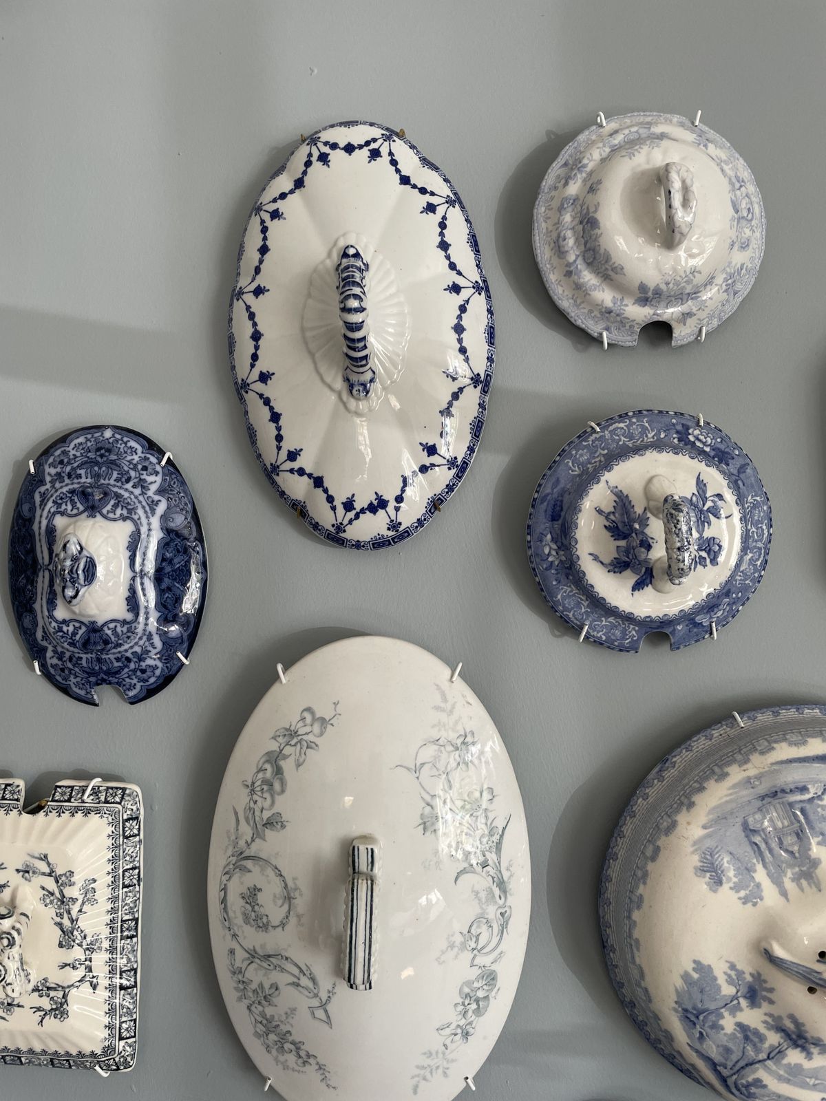 Set Of 30 Blue And White China Antique Tureen Lids Wall Display photo vintage