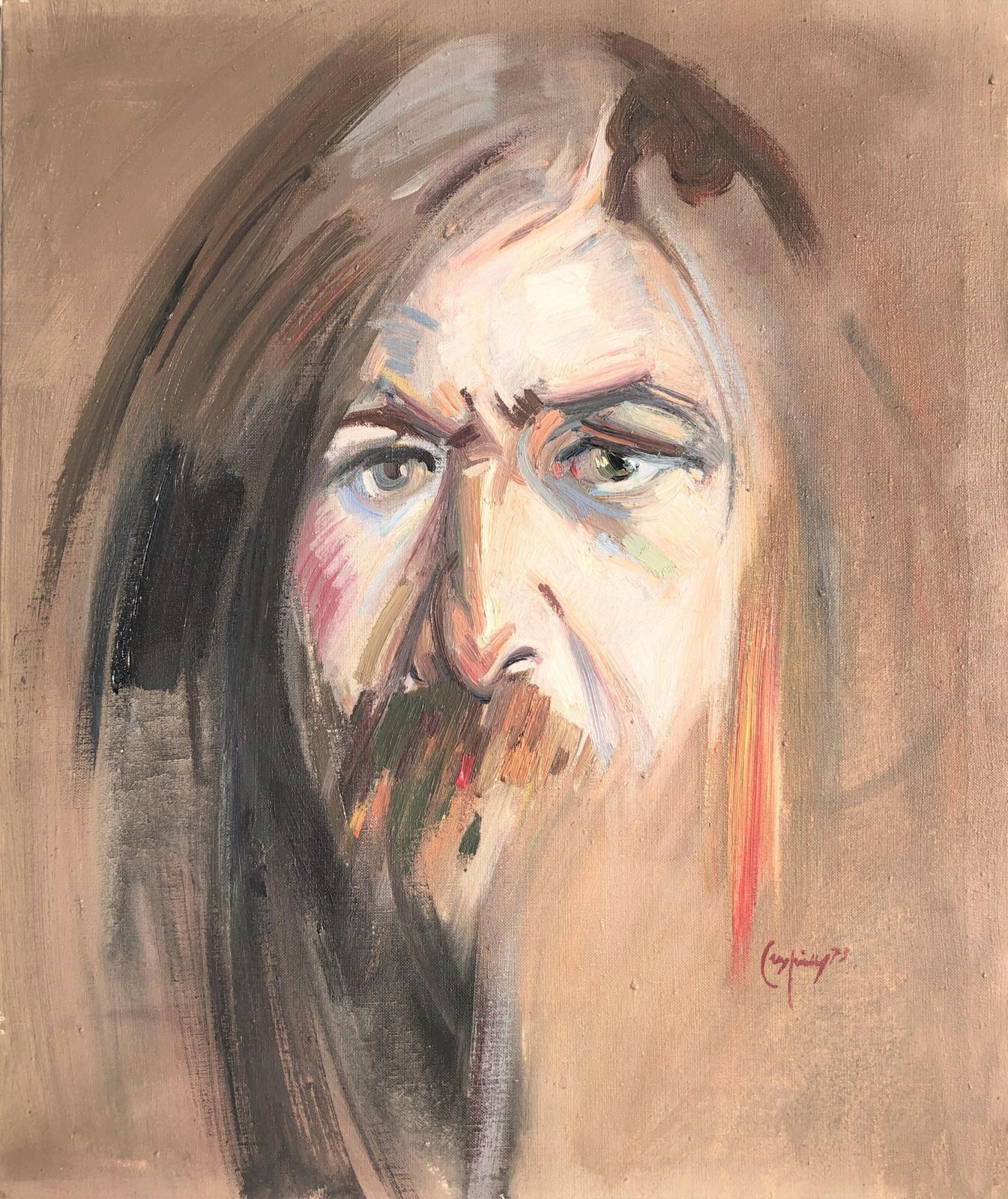 Joan Cruspinera Spanish Expressionist Self Portrait Painting Figurative Oil On Canvas Europe 1973.