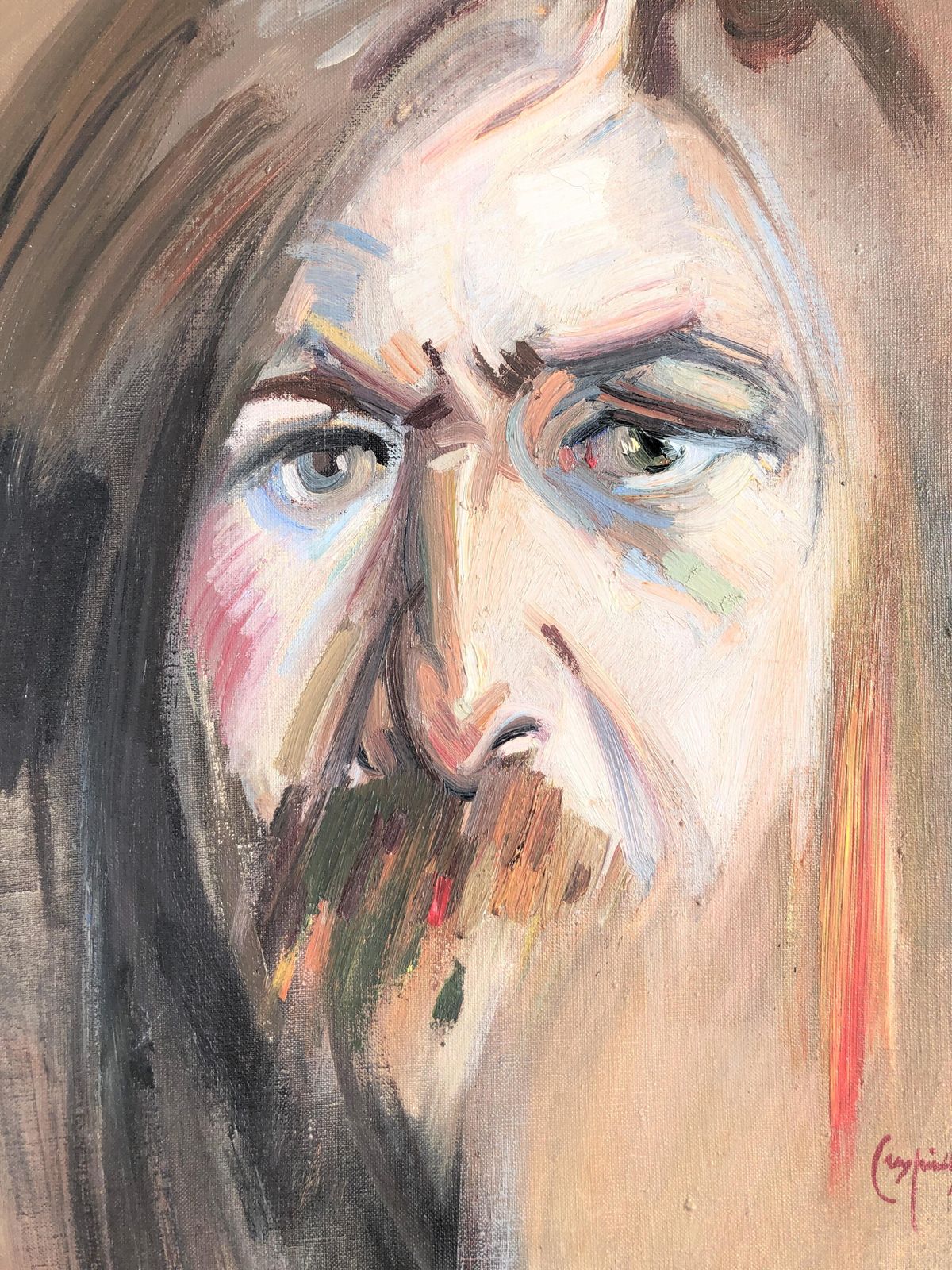 Joan Cruspinera Spanish Expressionist Self Portrait Painting Figurative Oil On Canvas Europe 1973. photo buy