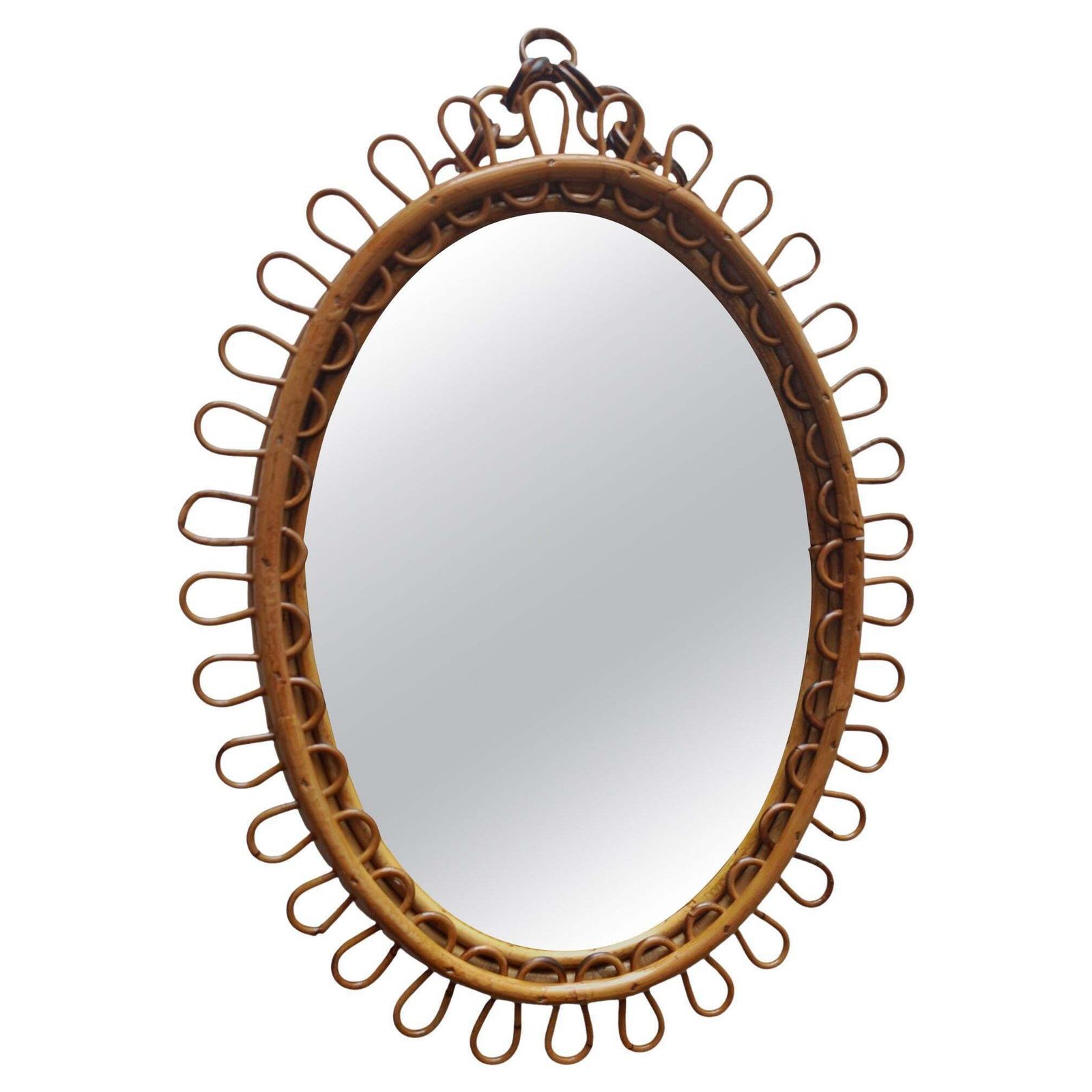 Olaf Von Bohr Style Oval Wall Mirror In Rattan, Italy 1960s.