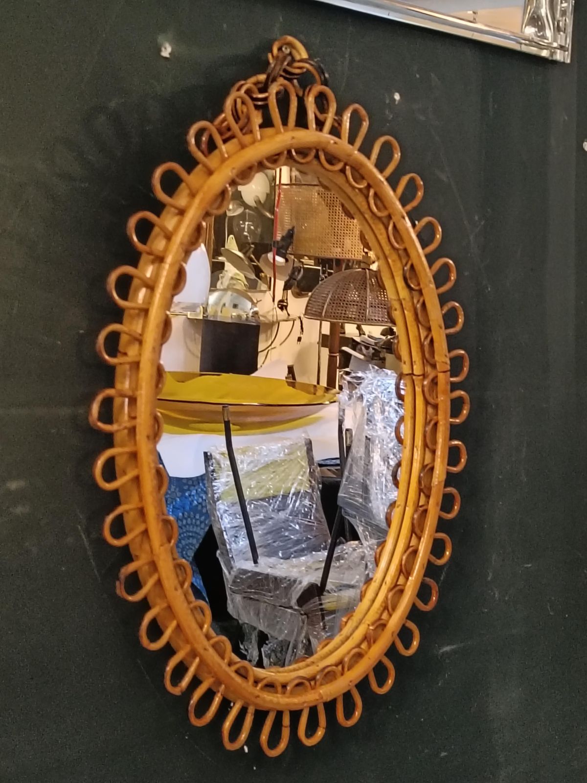 Olaf Von Bohr Style Oval Wall Mirror In Rattan, Italy 1960s. photo vinterior