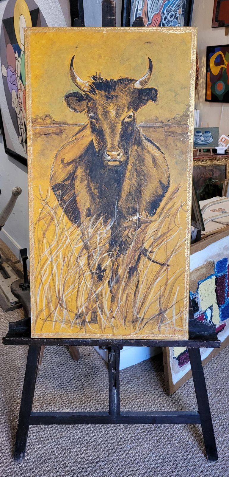 photo buy Bull Grazing, Late 20th Century Acrylic On Canvas, Signed, 100x50 Cm 1970s.