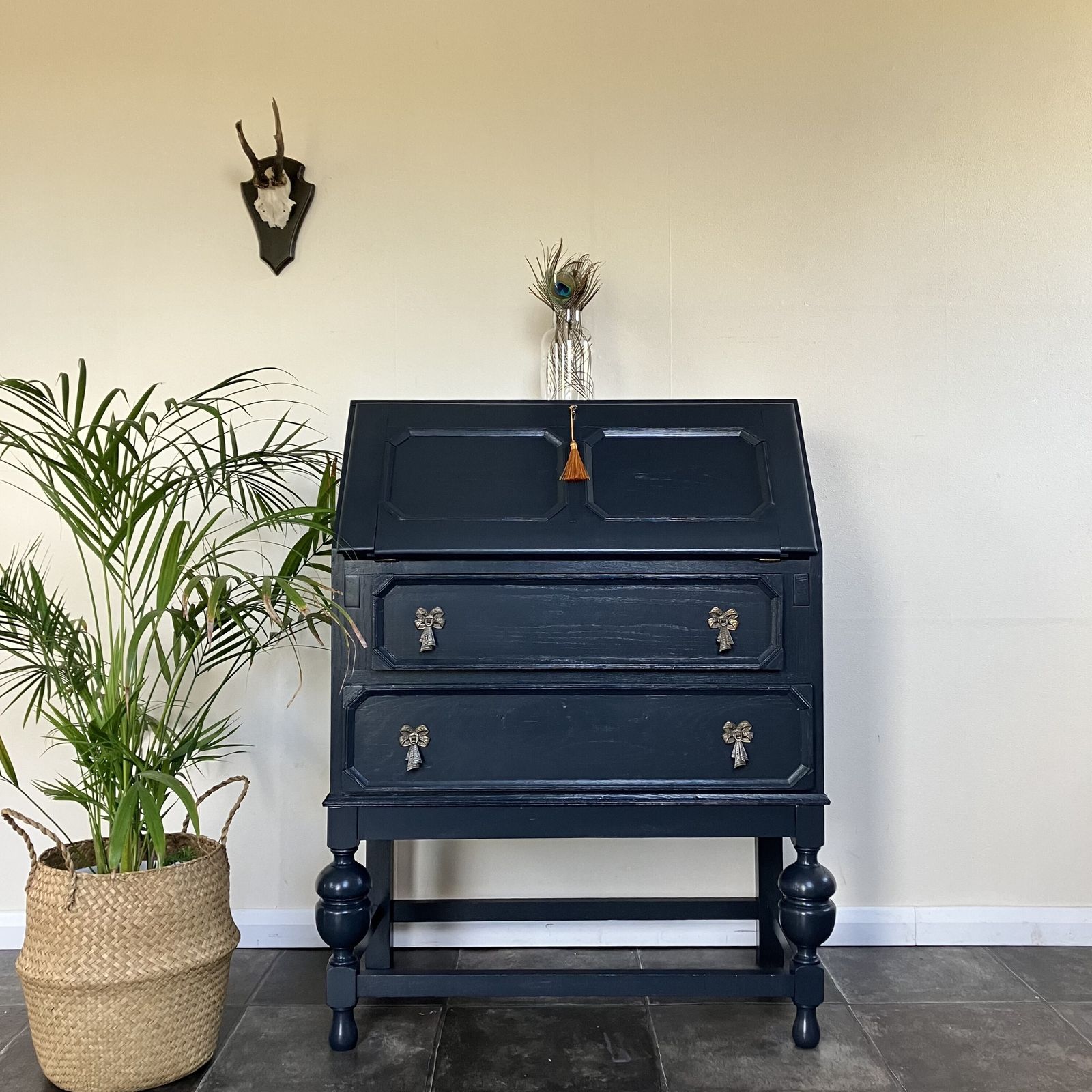 Antique Painted Blueish Black Carved Writing Bureau / Writing Desk / Secretaire; Farrow And Ball Railings