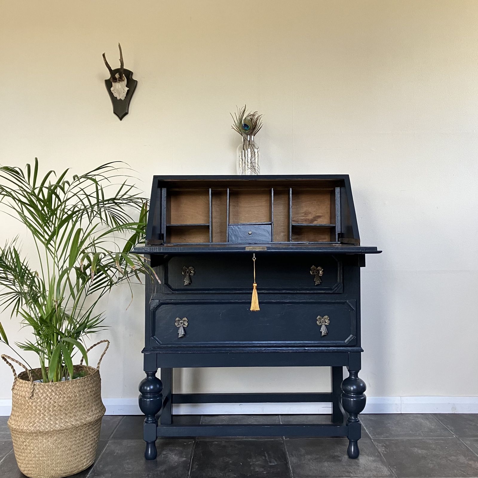 Antique Painted Blueish Black Carved Writing Bureau / Writing Desk / Secretaire; Farrow And Ball Railings photo for sale
