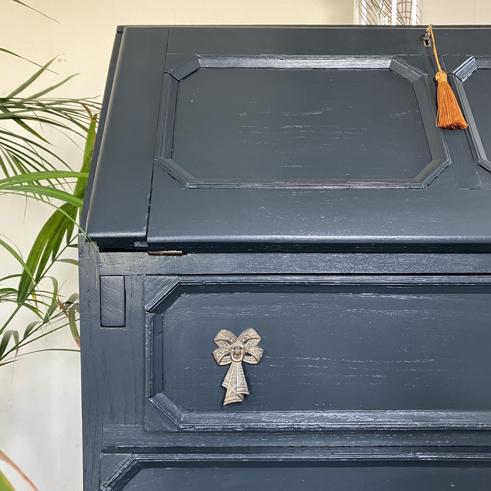 photo for sale Antique Painted Blueish Black Carved Writing Bureau / Writing Desk / Secretaire; Farrow And Ball Railings
