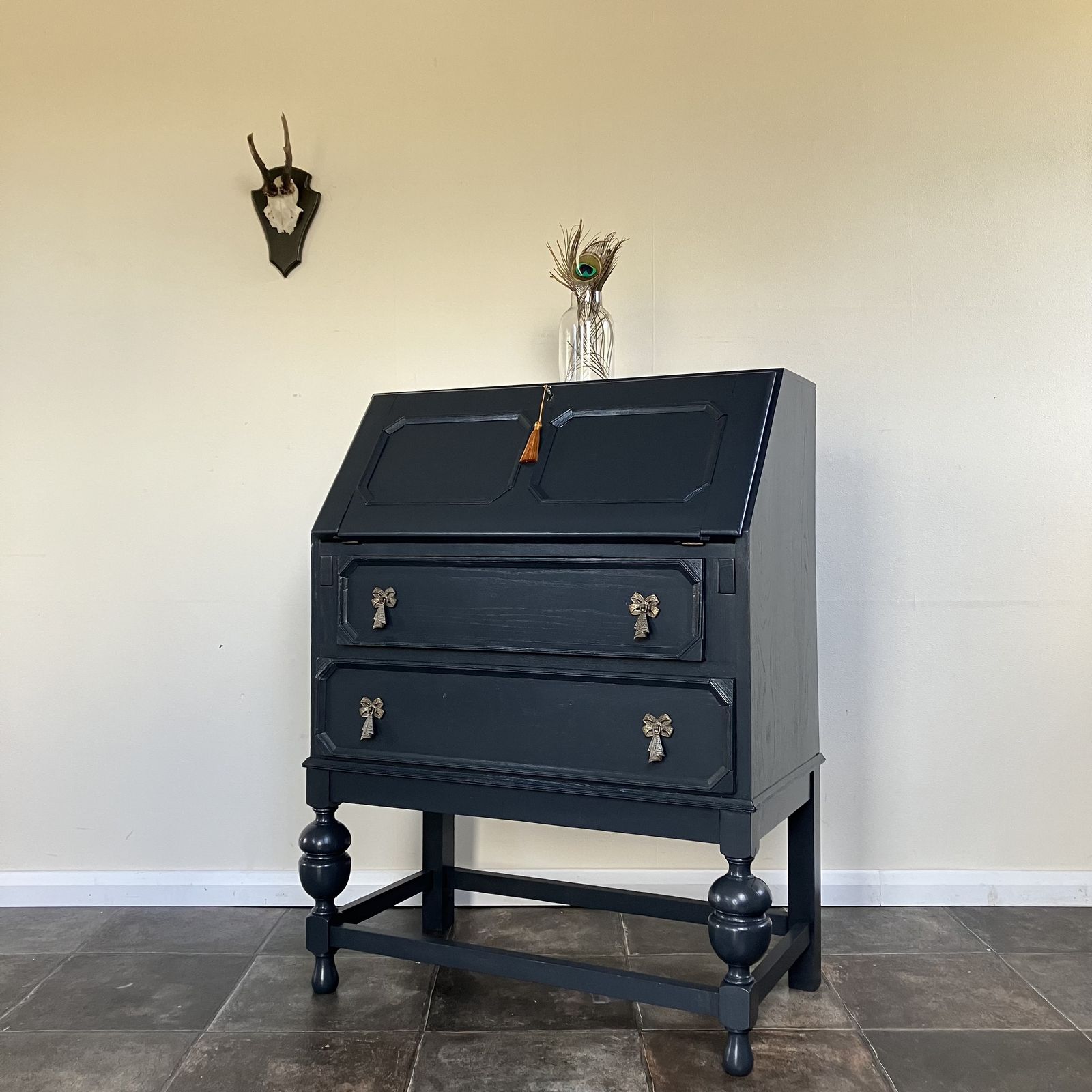 Antique Painted Blueish Black Carved Writing Bureau / Writing Desk / Secretaire; Farrow And Ball Railings photo 595.0