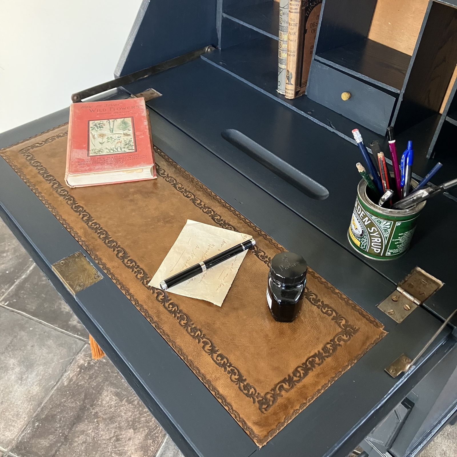 photo vinterior Antique Painted Blueish Black Carved Writing Bureau / Writing Desk / Secretaire; Farrow And Ball Railings