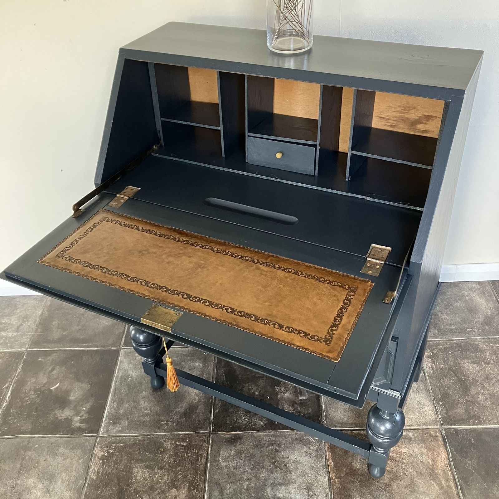 photo buy Antique Painted Blueish Black Carved Writing Bureau / Writing Desk / Secretaire; Farrow And Ball Railings