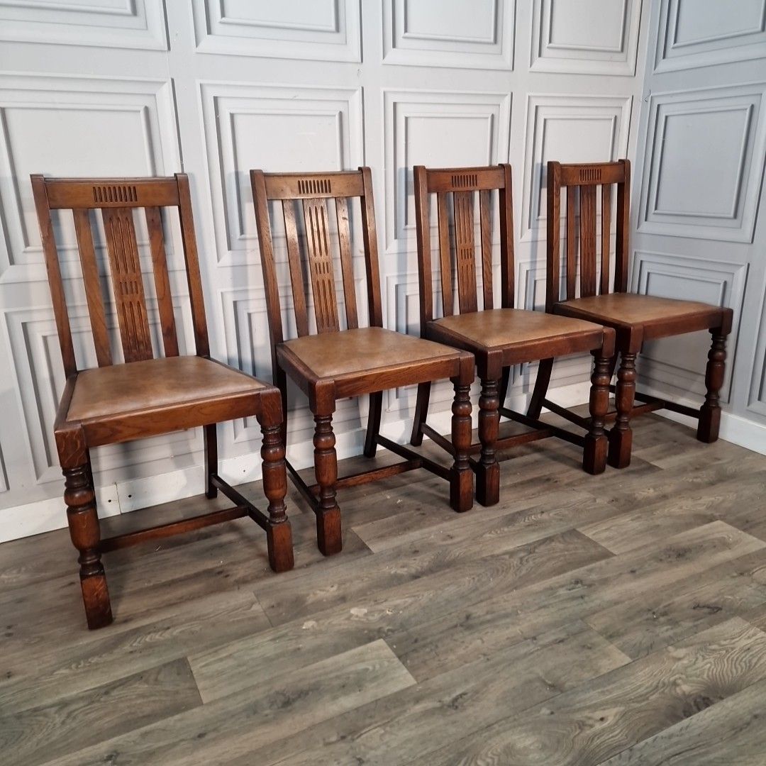 Vintage Oak Dining Chairs Set 4 Solid Wooden Slat Back Faux Leather Seats