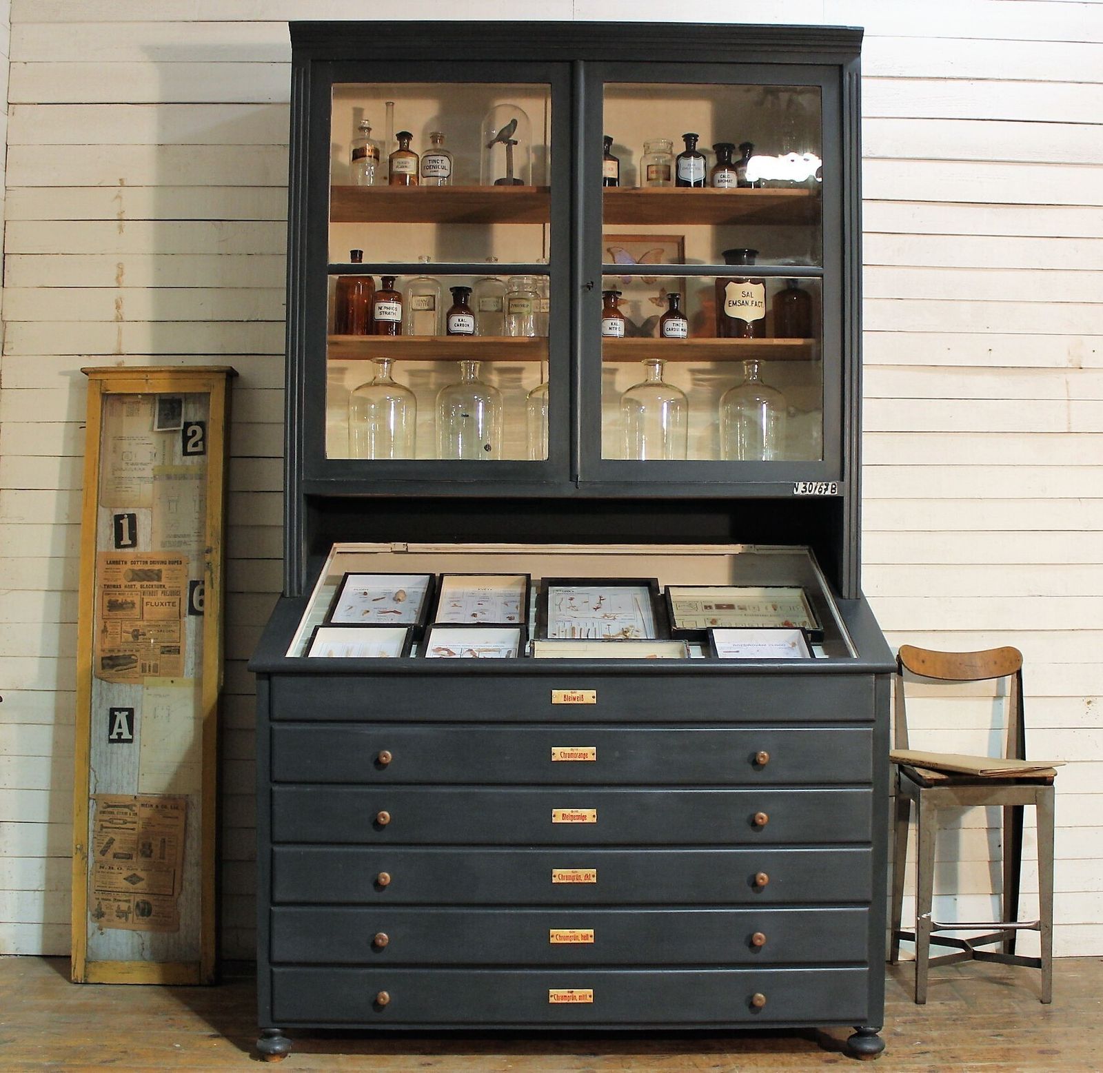 Large Old Painted German Chemists/Pharmacy/Shop Display Cabinet Multi Drawer