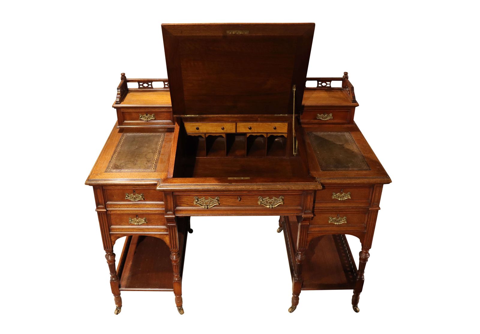 Edwardian Walnut Dickens Style Writing Desk With Leather Inset Top & Gallery Back, C.1900 photo 978.0
