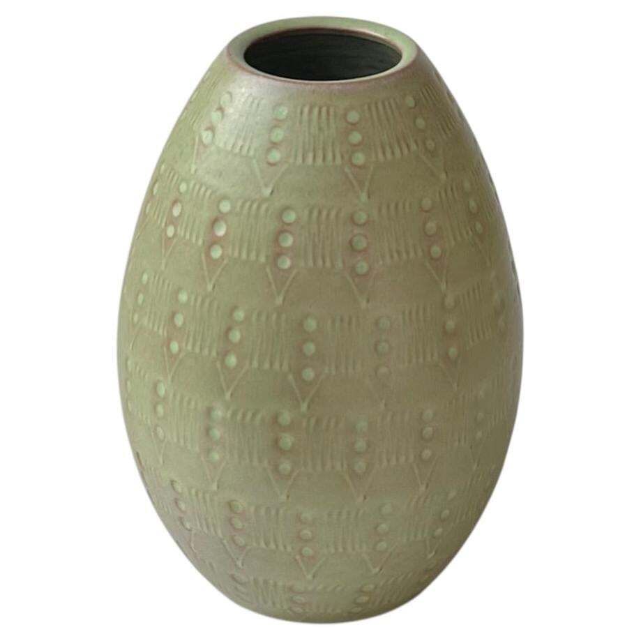 Ovoid Ceramic Vase In Green Glaze In The Style Of Anna Lisa Thomson
