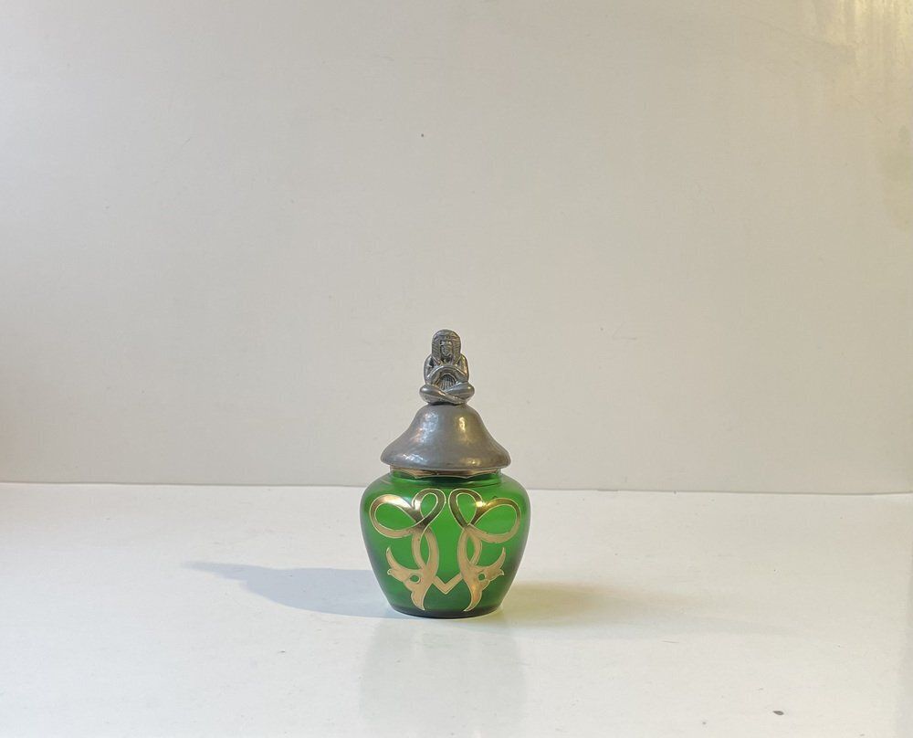 French Jugendstil Vanity Trinket Jar In Green Glass And Pewter, 1890s photo 308.0