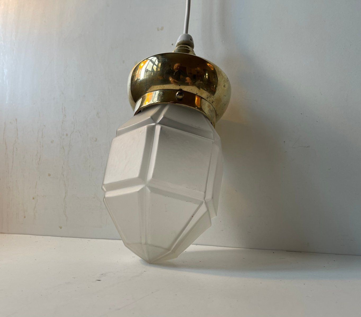 Art Deco Scandinavian Pendant Lamp In Brass And Frosted Glass, 1930s photo for sale