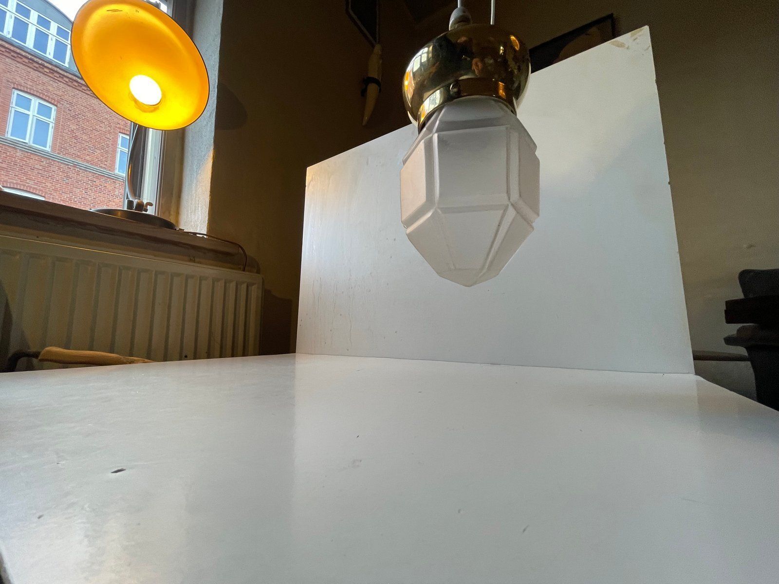 Art Deco Scandinavian Pendant Lamp In Brass And Frosted Glass, 1930s photo Lighting