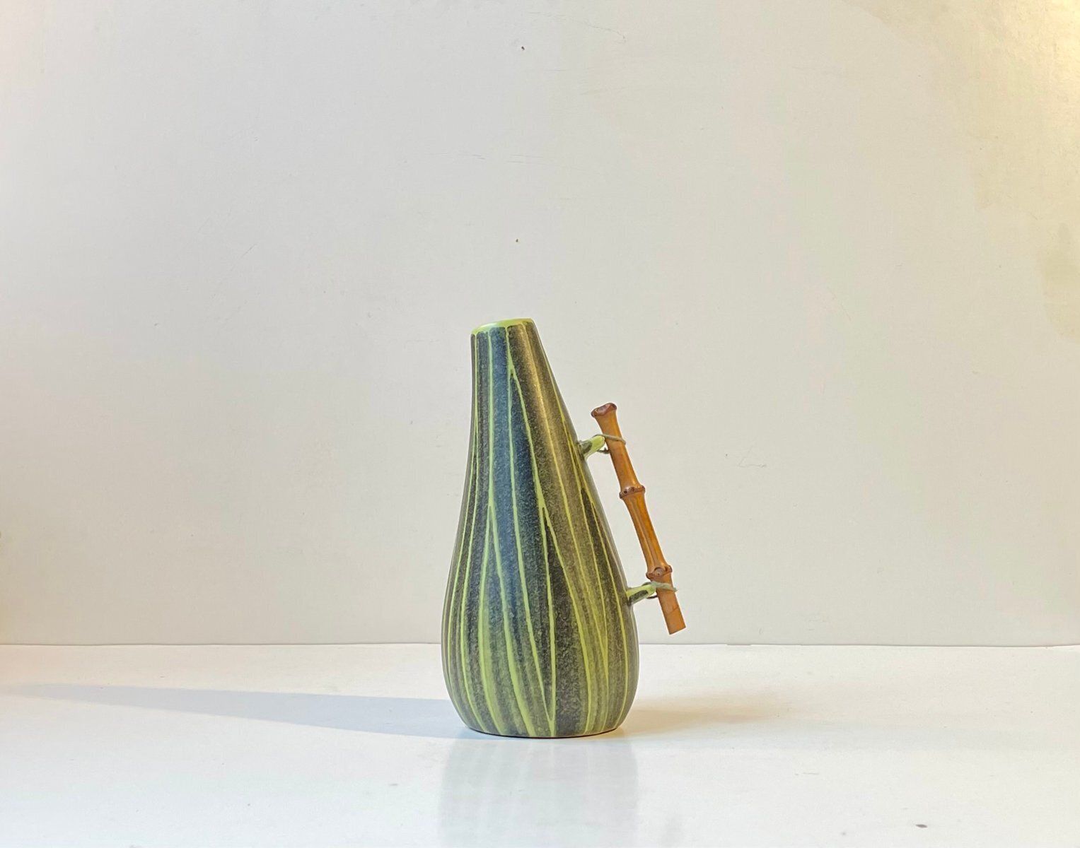 Modern Danish Ceramic Pumpkin Vase With Bamboo Handle From Elisabeth Loholt, 1950s