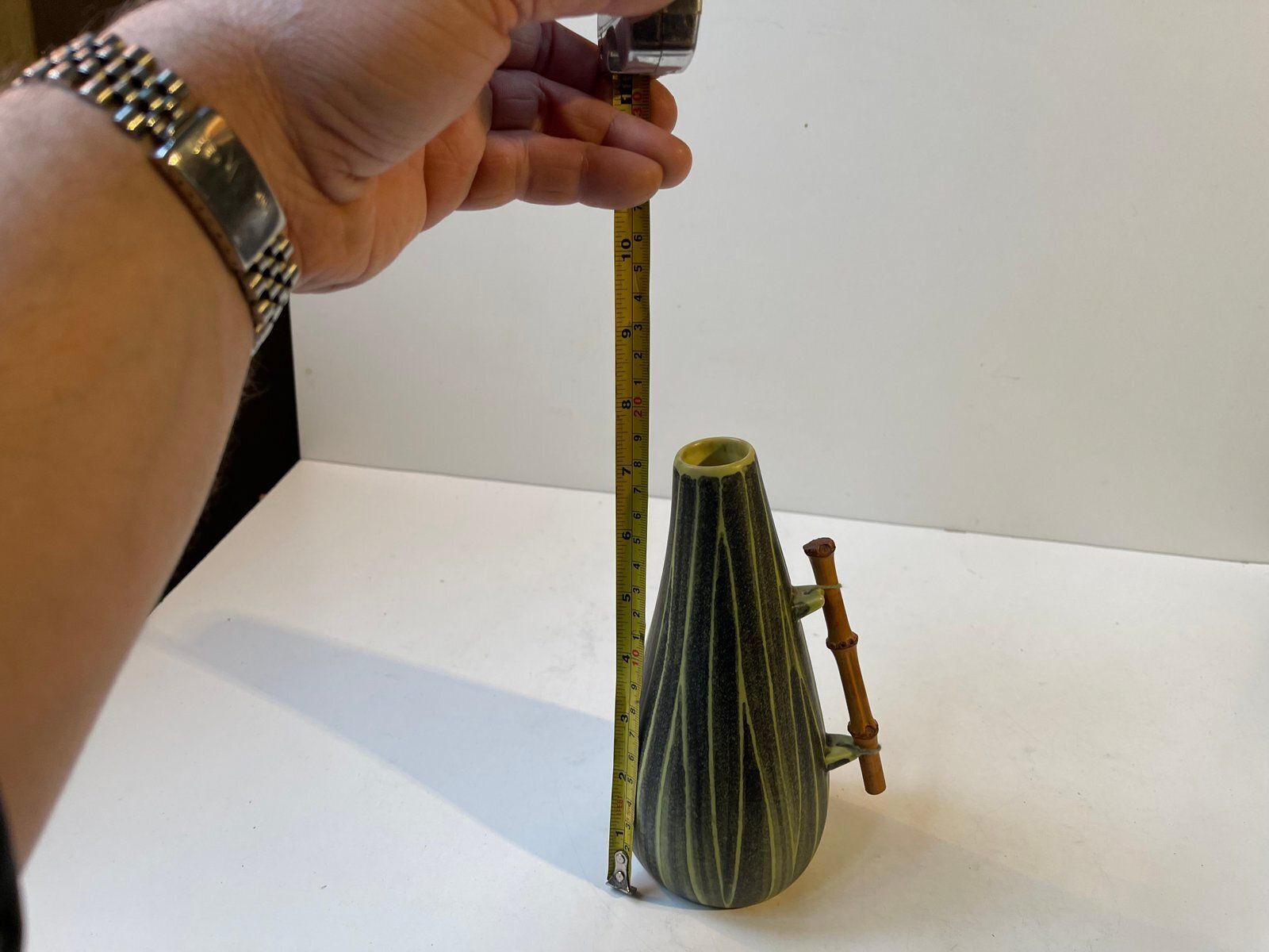Modern Danish Ceramic Pumpkin Vase With Bamboo Handle From Elisabeth Loholt, 1950s photo buy