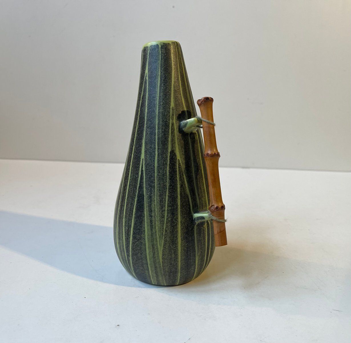 Modern Danish Ceramic Pumpkin Vase With Bamboo Handle From Elisabeth Loholt, 1950s photo vintage