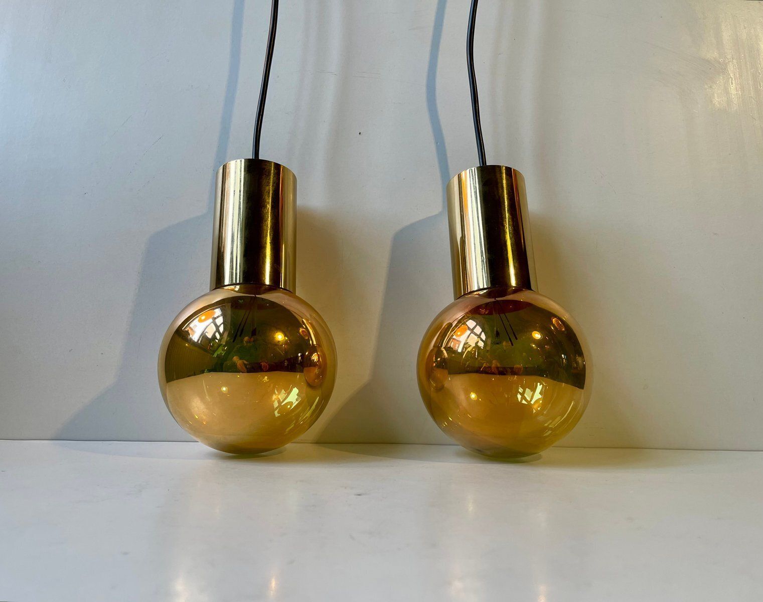 Mid Century Modern Spy Ball Pendant Lamps In Brass From Frimann, 1960s, Set Of 2 photo 957.0