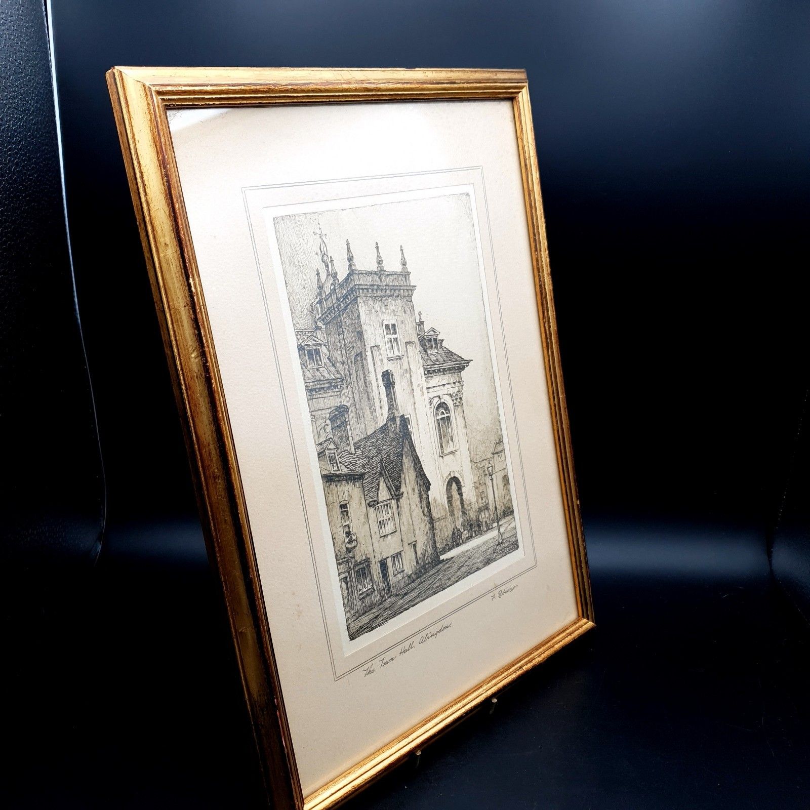 Vintage F. Robson Etching "The Town Hall Abingdon" Signed Architectural Print photo vintage