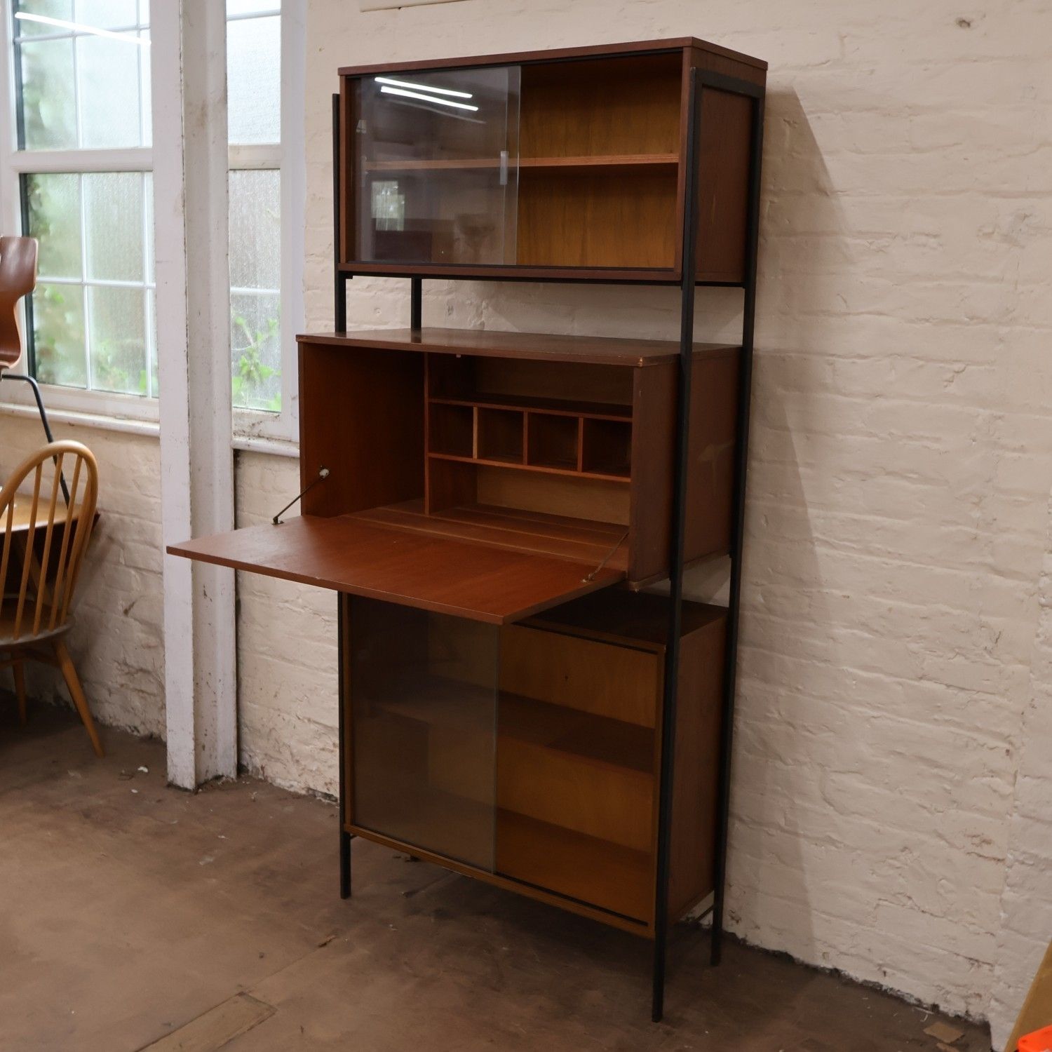 Avalon Modular Teak & Metal Multi Piece Mid Century Modern Bookcase Wall Unit 1970s 3 Sections Image 1 And 2 7 Storage Compartments photo for sale