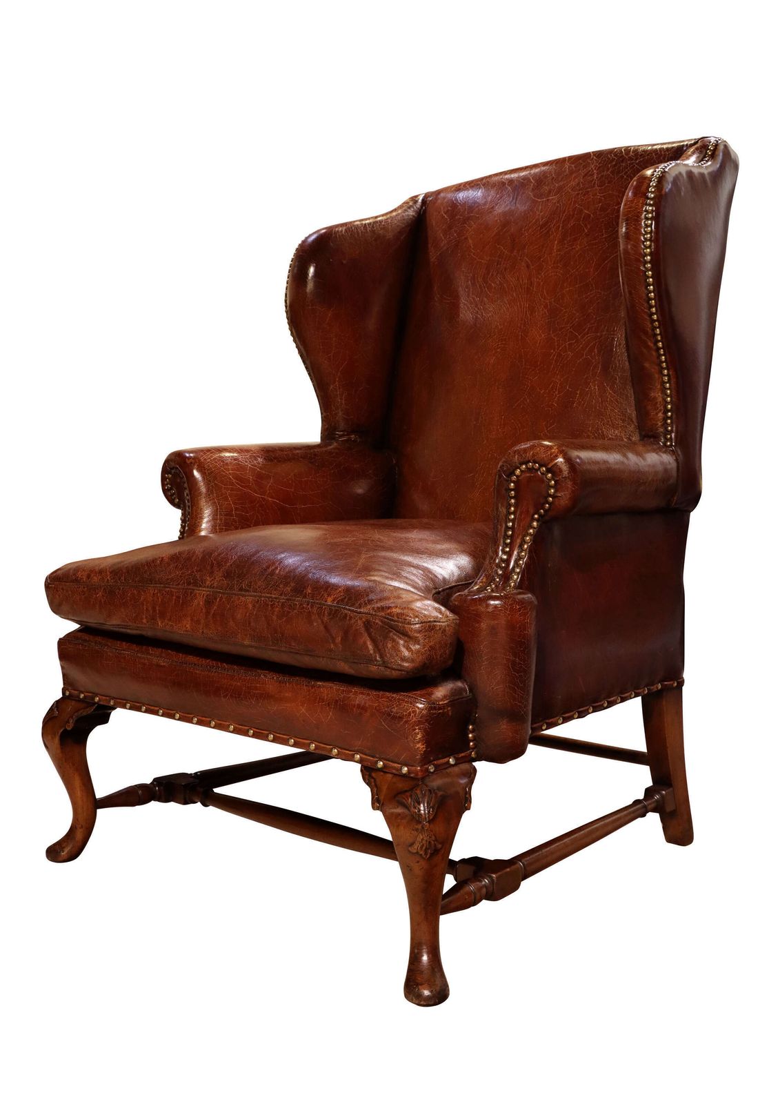 Antique 19th Century Hand Coloured Leather Wing Armchair On Walnut Cabriole Legs photo furniture