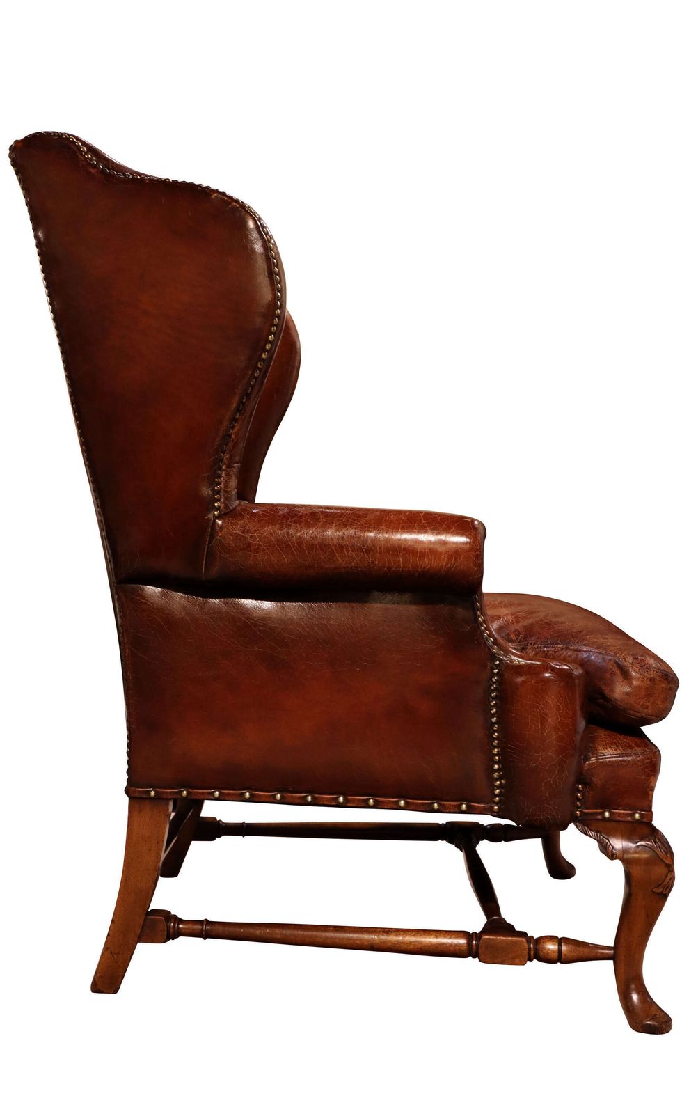 Antique 19th Century Hand Coloured Leather Wing Armchair On Walnut Cabriole Legs photo for sale
