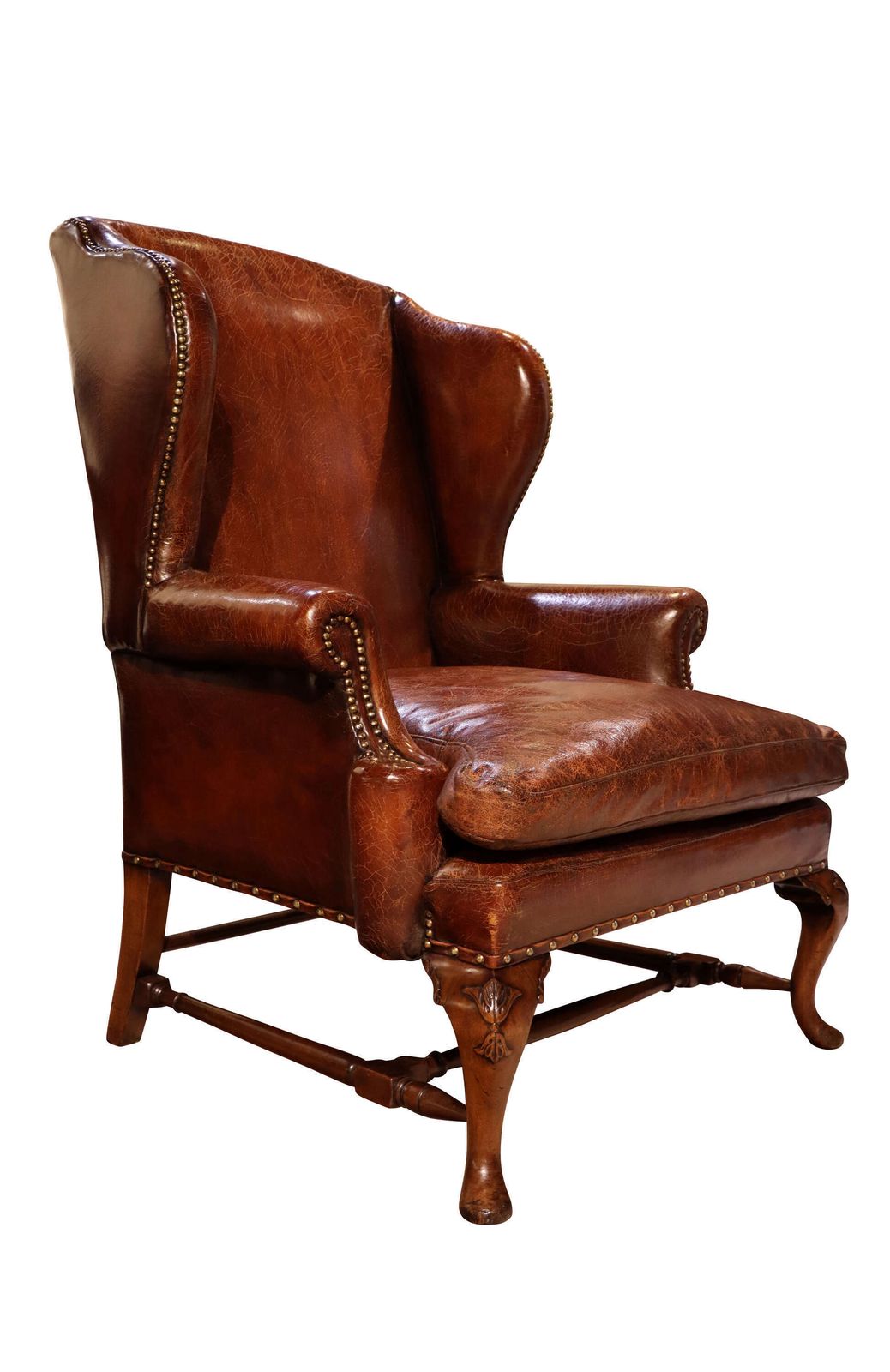 Antique 19th Century Hand Coloured Leather Wing Armchair On Walnut Cabriole Legs photo Furniture