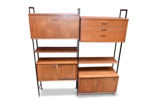 Avalon Modular Teak & Metal Multi Piece Mid Century Modern Bookcase Wall Unit 1970s 3 Sections Image 1 And 2 7 Storage Compartments
