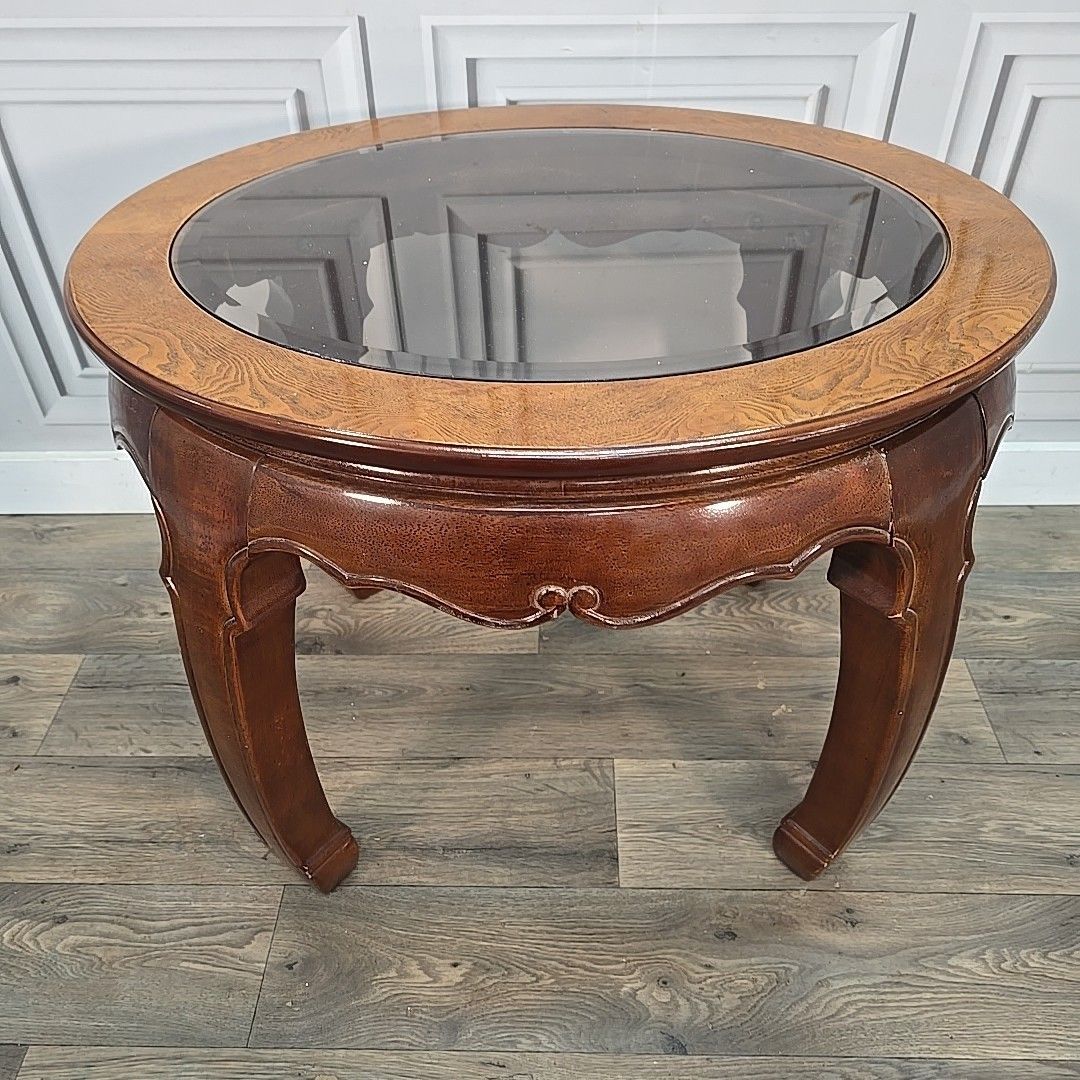 Vintage Oval Coffee Table Glass Top Carved Wooden Side Ming Style Oriental photo buy