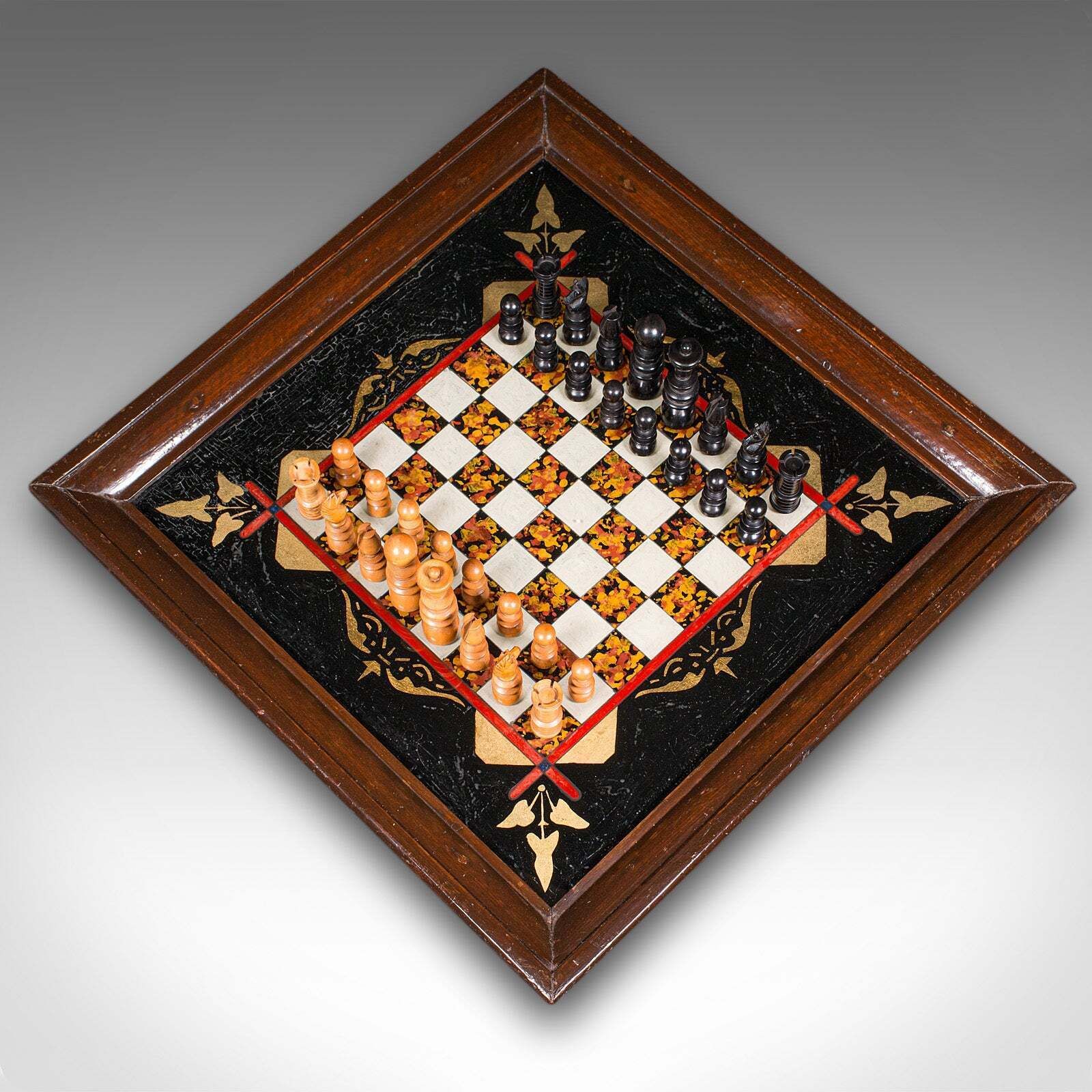 Antique Chess Board Set, English Painted Glass, Pine, Parlour Game, Edwardian photo vinterior