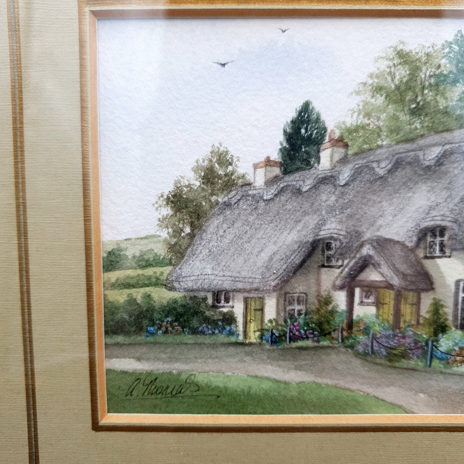 Pair Original Watercolour Paintings Andrea Thomas 1984 Thatched Cottages Devon photo Art
