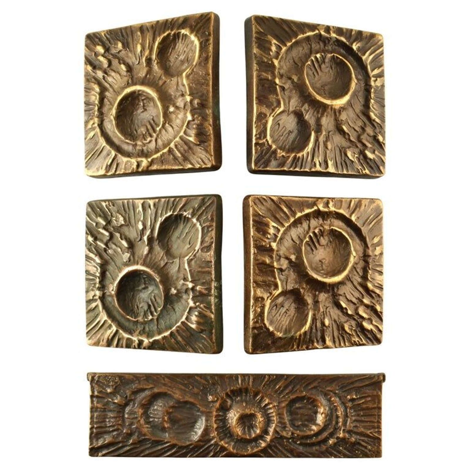 Double Pair Of Bronze Door Handles, Bel And Key Hole With Organic Relief