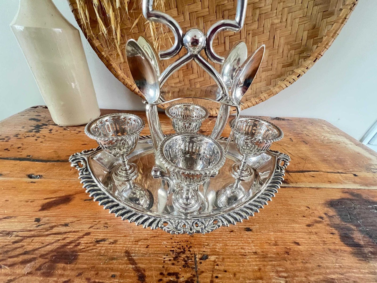 Antique Pierced Silver Plate Egg Caddy John Batt & Sons, Sheffield Epns Ornate 4 Cup Cruet Set With Spoons, Victorian Breakfast Table Decor photo 156.0