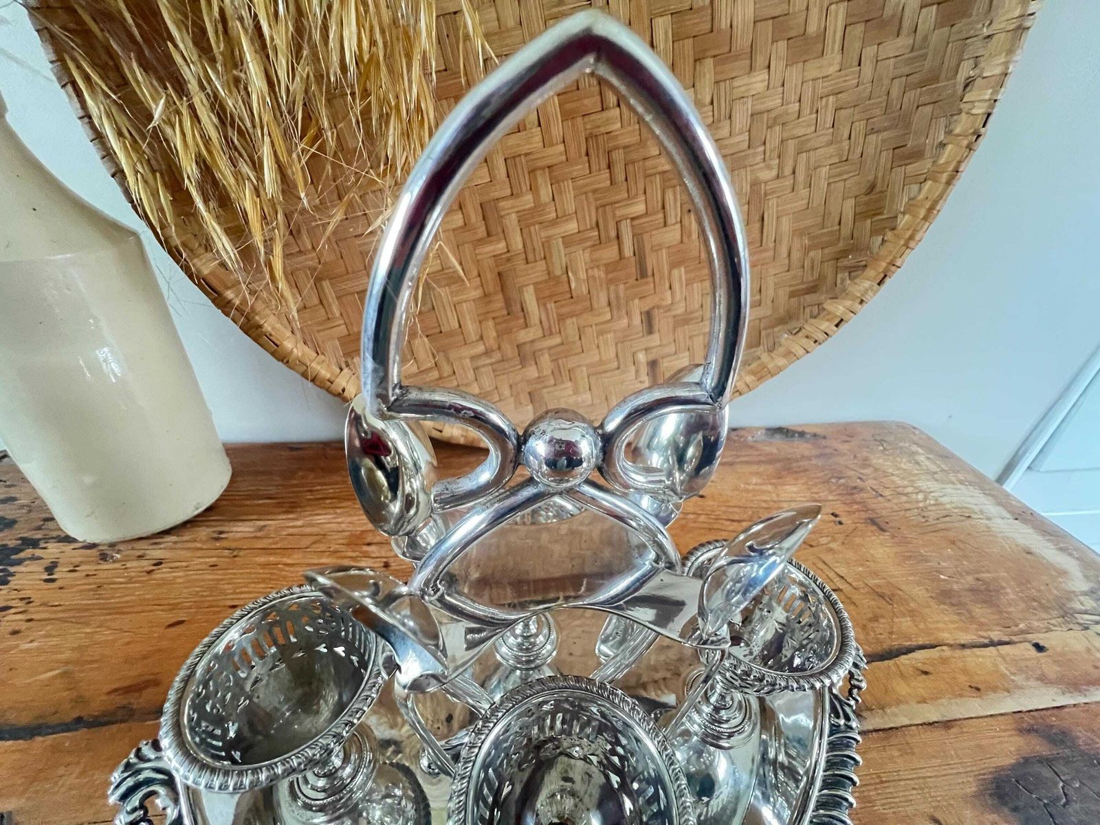 photo for sale Antique Pierced Silver Plate Egg Caddy John Batt & Sons, Sheffield Epns Ornate 4 Cup Cruet Set With Spoons, Victorian Breakfast Table Decor