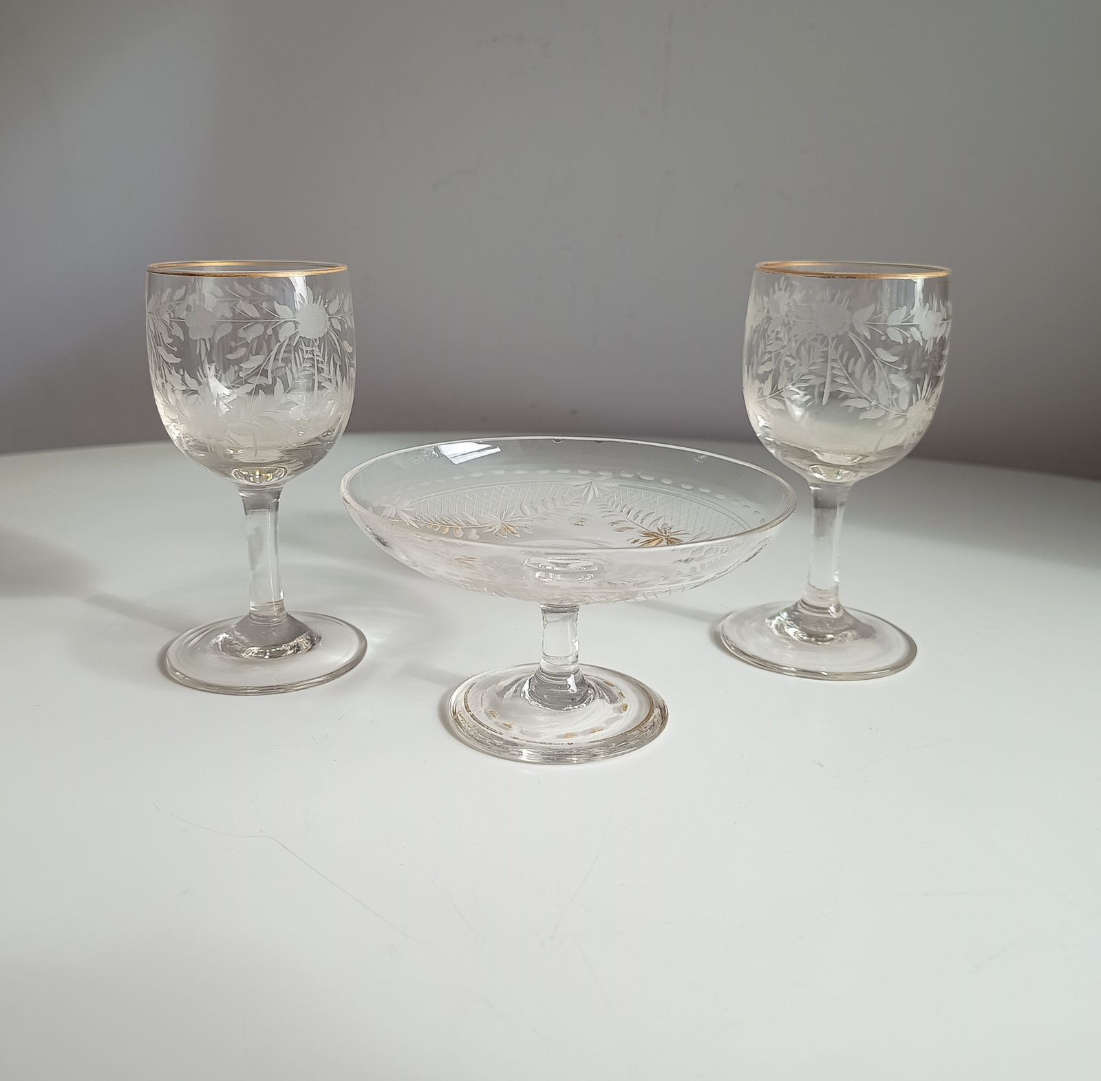 Home Decor Antique French Crystal Drinks Tray & 2 Glasses: Engraved Garlands, Gilt Decor, Belle Epoque photo