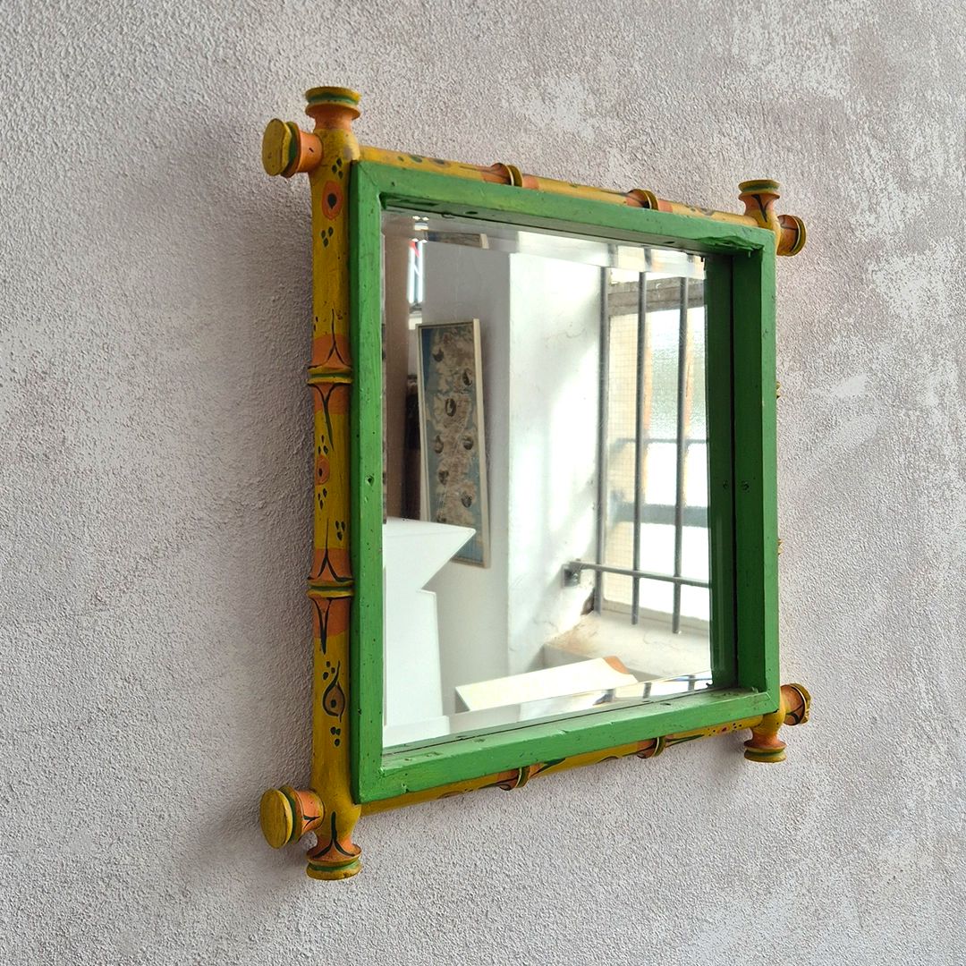 Folk Art Painted Mirror: Unique Early 20th Century Faux Bamboo Turned Wooden Frame W/ Bevelled Glass