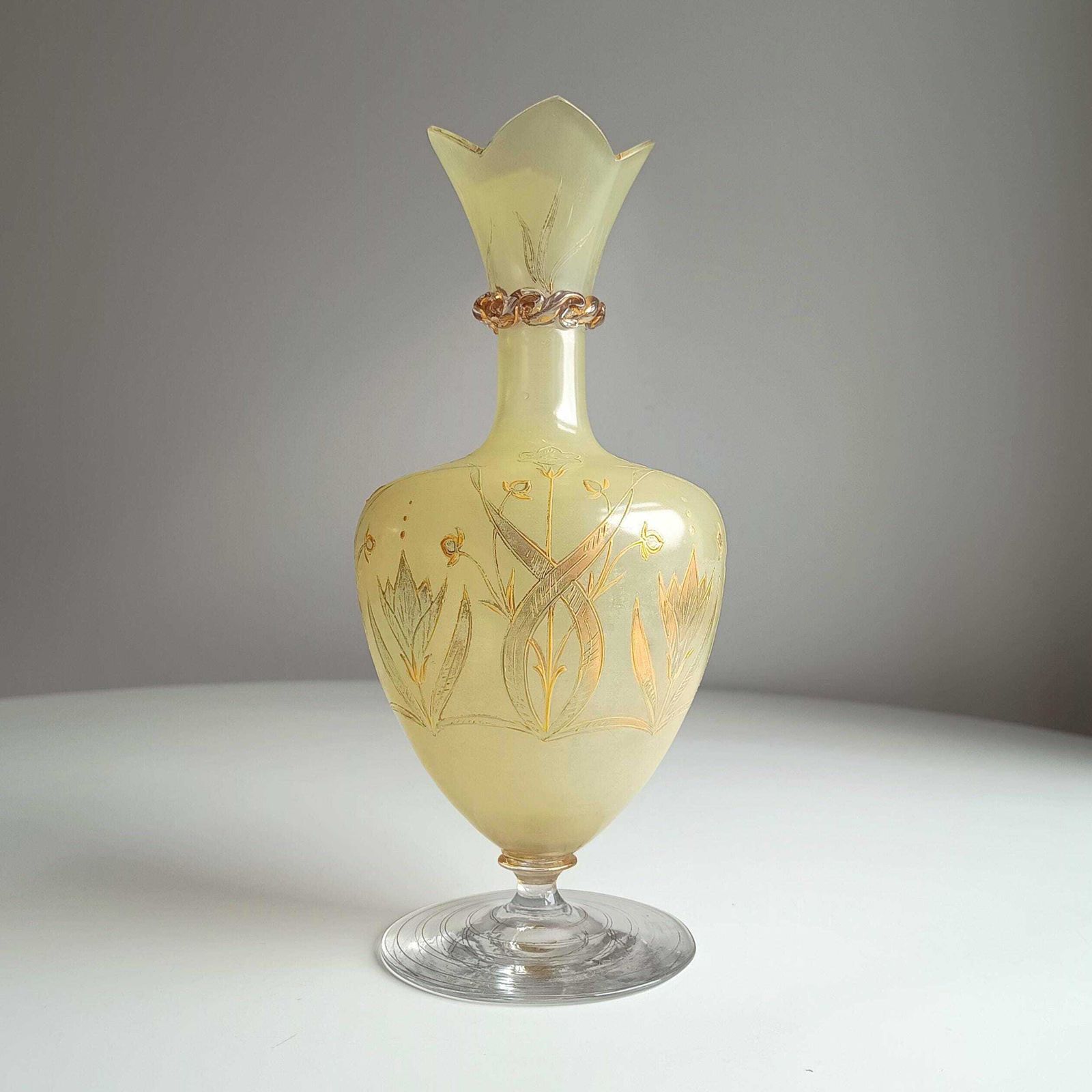 Antique Harrach Belle Epoque Japonisme Gold Paste Enamel Glass Vase: Quatrefoil Geometric Mouth.