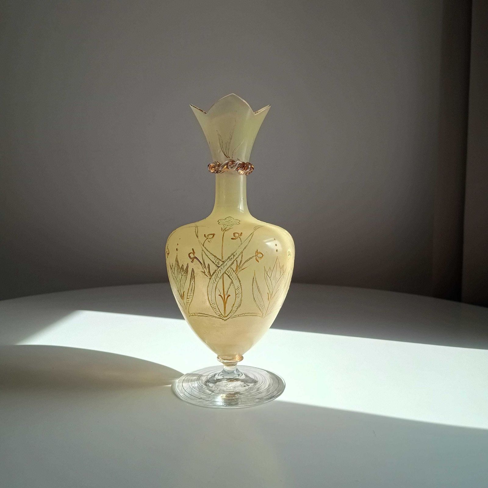 Antique Harrach Belle Epoque Japonisme Gold Paste Enamel Glass Vase: Quatrefoil Geometric Mouth. photo 135.0